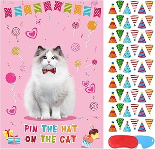Hxezoc Pin The Hat on The Cat Party Games for Girls, Large Cat Games Poster for Kids Cat Themed Birthday Party Decoration Carnival Party Supplies - 54 Hat Stickers
