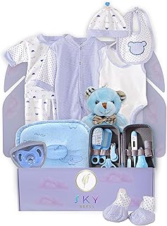 Sky Bliss 20 Piece Baby Gift Set (Blue), Newborn Baby Gift Set, Baby Clothes, Teddy Bear, Pacifier, Baby Grooming kit, Gifts for a New Baby Boy, Baby Boy Newborn Essentials