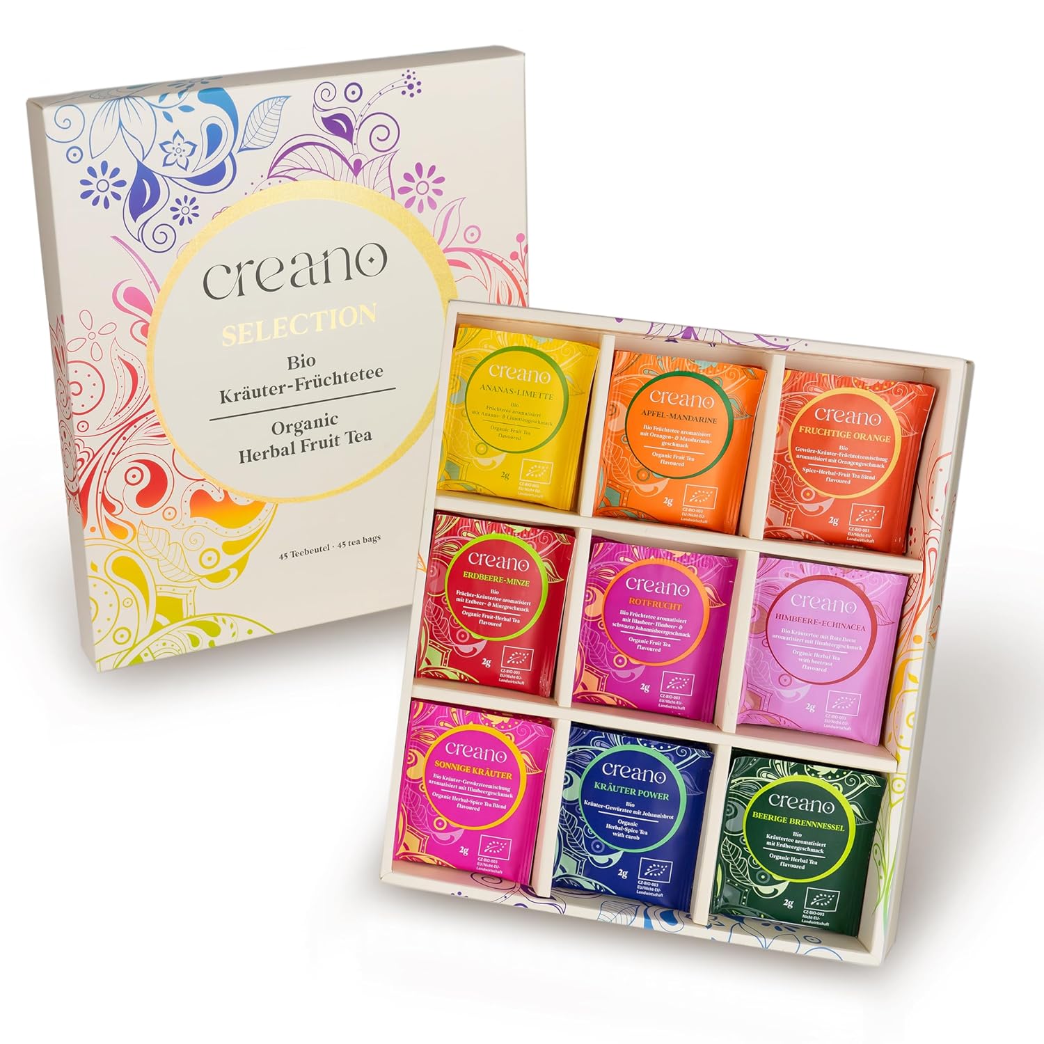 Creano Organic Fruit Tea Herbal Tea Gift Set – 45 Organic Tea Bags in 9 Dreamy Varieties – 90 g