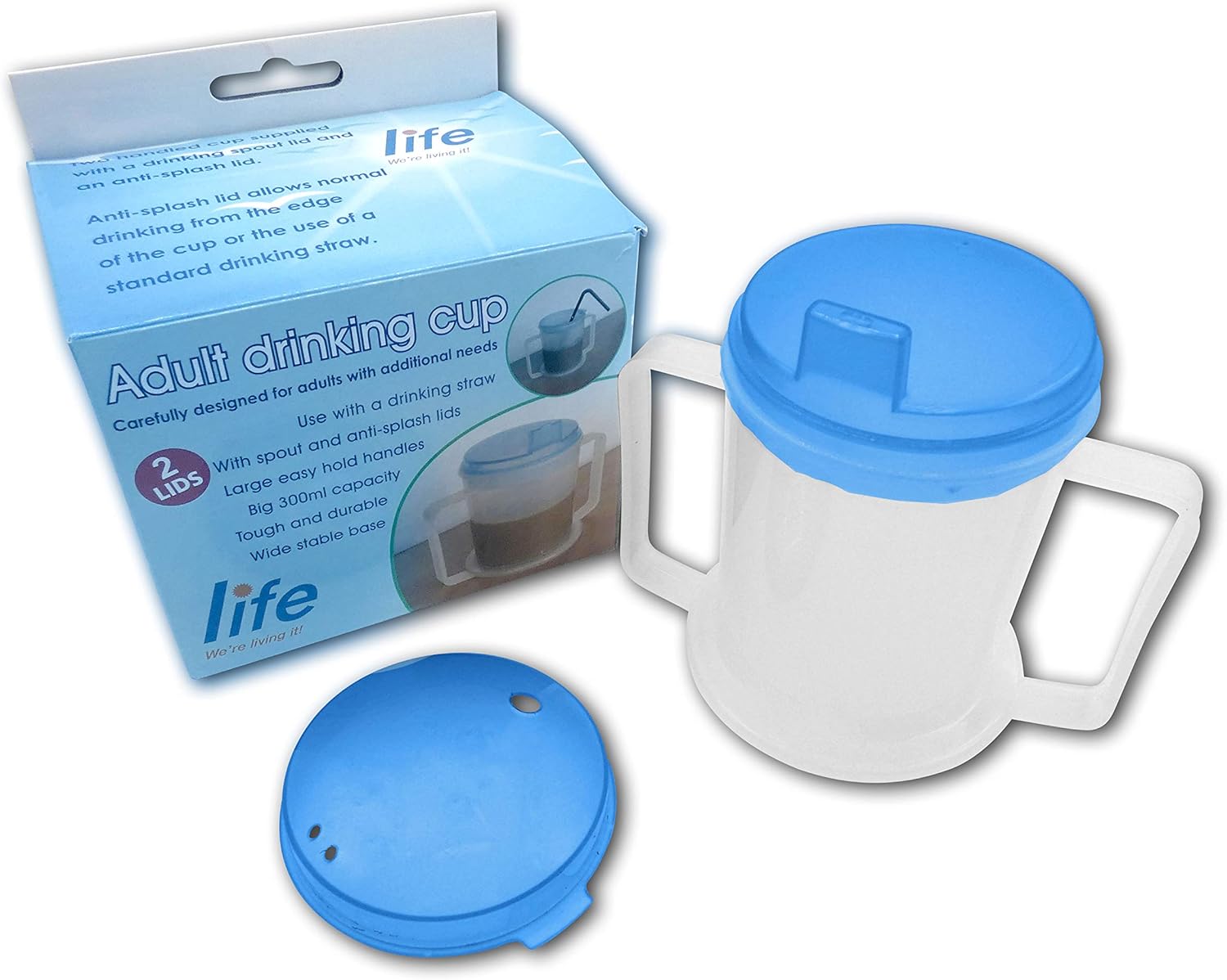 Life Healthcare Plastic Drinking Cup for Disabled Adults with Easygrip Handles AntiSplash Spout and Travel Lid, 300ml