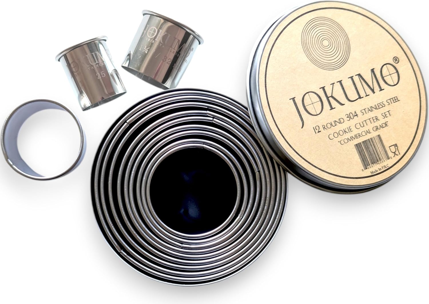 JOKUMO 12 Piece Plain Round Cookie/Pastry Cutter Set Heavy Duty Commercial Grade 18/8 304 Stainless Steel - Metal Marked Size - Perfect for Cooking Enthusiast