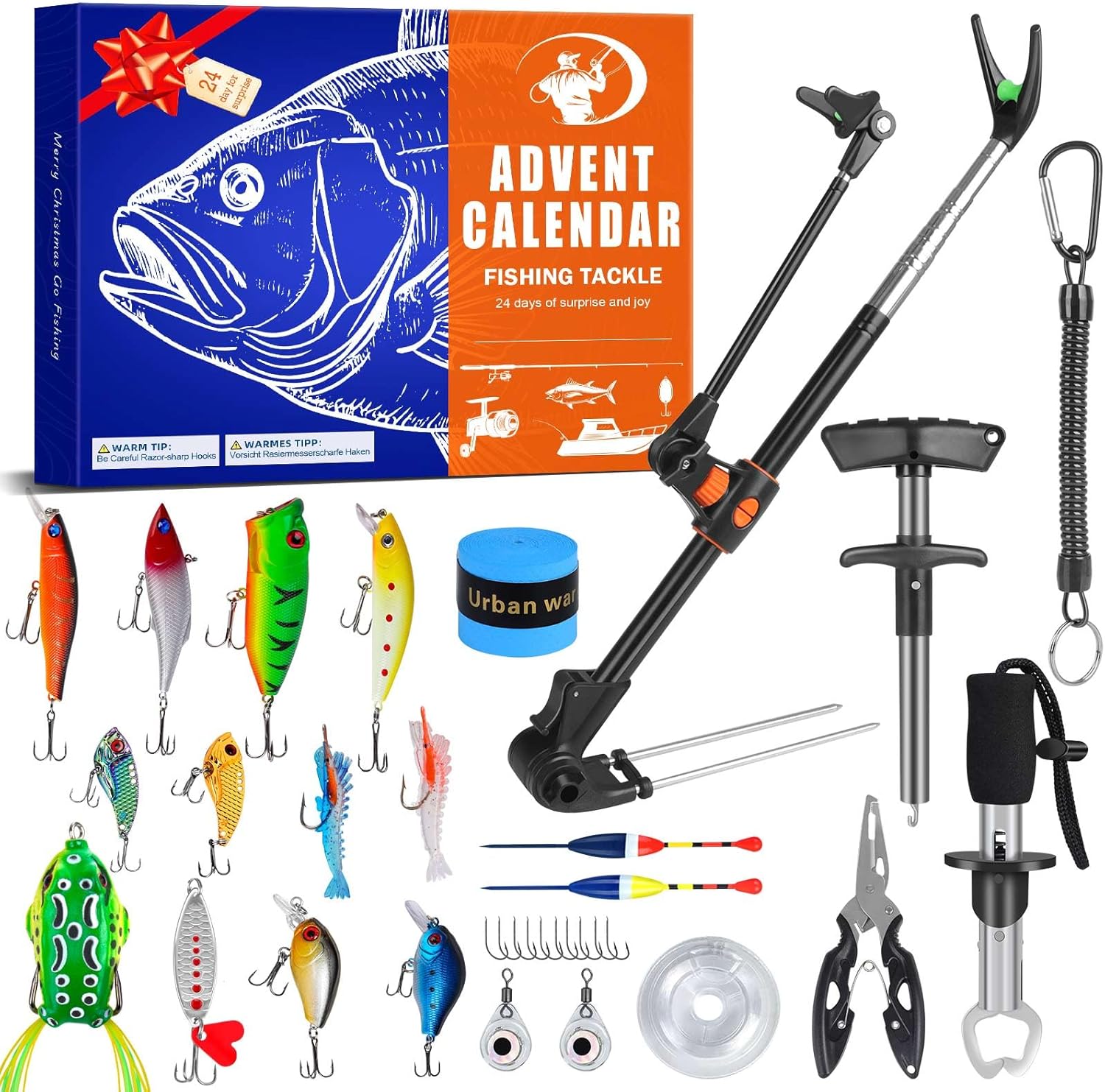 Fishing Advent Calendar 2025 for Men, 24-Day Fishing Tackle Advent Calendar with Fishing Rod Holder, Fish Lip Gripper, Hook Tier, Christmas Count-Down Calendar for Father, Husband, or Boyfriend
