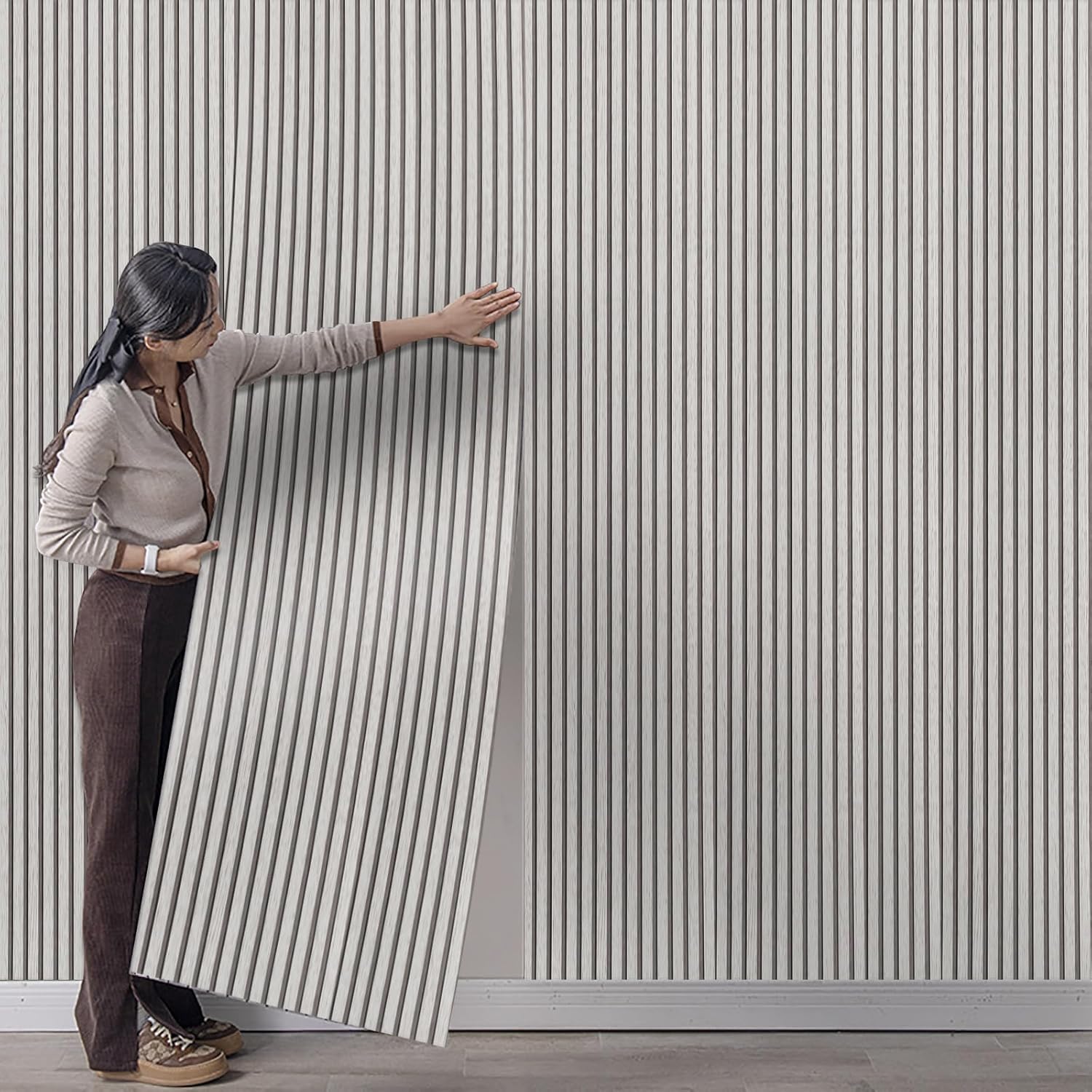 Tarwanear 3D Effect Grey Wood Slat Wallpaper Grey Wood Effect Grain Panel Wallpaper 0.53x9.5m Retro Faux Striped Panel Wall Feature Wall Paper for Living Room Bedroom Hallway