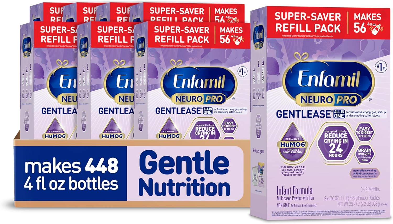 Enfamil NeuroPro Gentlease Baby Formula, Brain Building DHA, HuMO6 Immune Blend, Designed to Reduce Fussiness, Crying, Gas & Spit-up in 24 Hrs, has Prebiotics to Promote Softer Stools, Baby Milk, 35.2 Oz (Pack of 4)