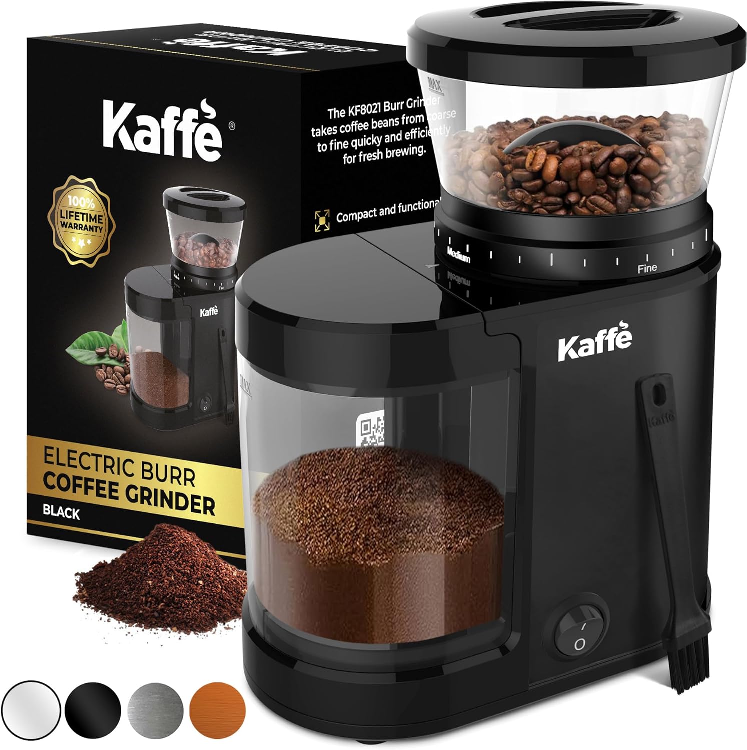 Kaffe Electric Burr Coffee Grinder (5.5oz) w/Adjustable Coarseness Settings - Flat Burr - [New Upgraded Motor ] - Precision Coffee Bean Grinder for Home Use - Black