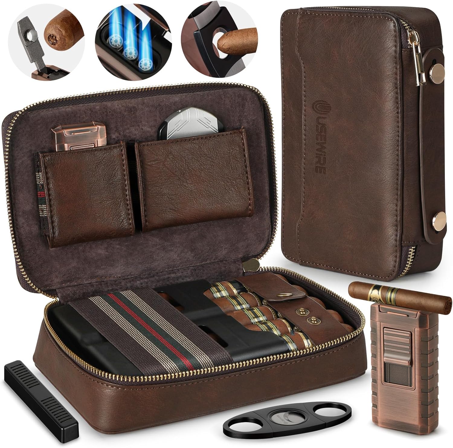 Travel Cigar Humidor, Leather Cigar Case ,with Cigar Lighter and Cigar Cutter,Holds 5 Cigars Cigar Case, Portable Cigar Humidor Travel Case, Cigar Accessories for Men (No Butane)