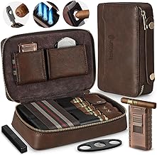 Travel Cigar Humidor, Leather Cigar Case ，with Cigar Lighter and Cigar Cutter，Holds 5 Cigars Cigar Case, Portable Cigar Humidor Travel Case, Cigar Accessories for Men (No Butane)