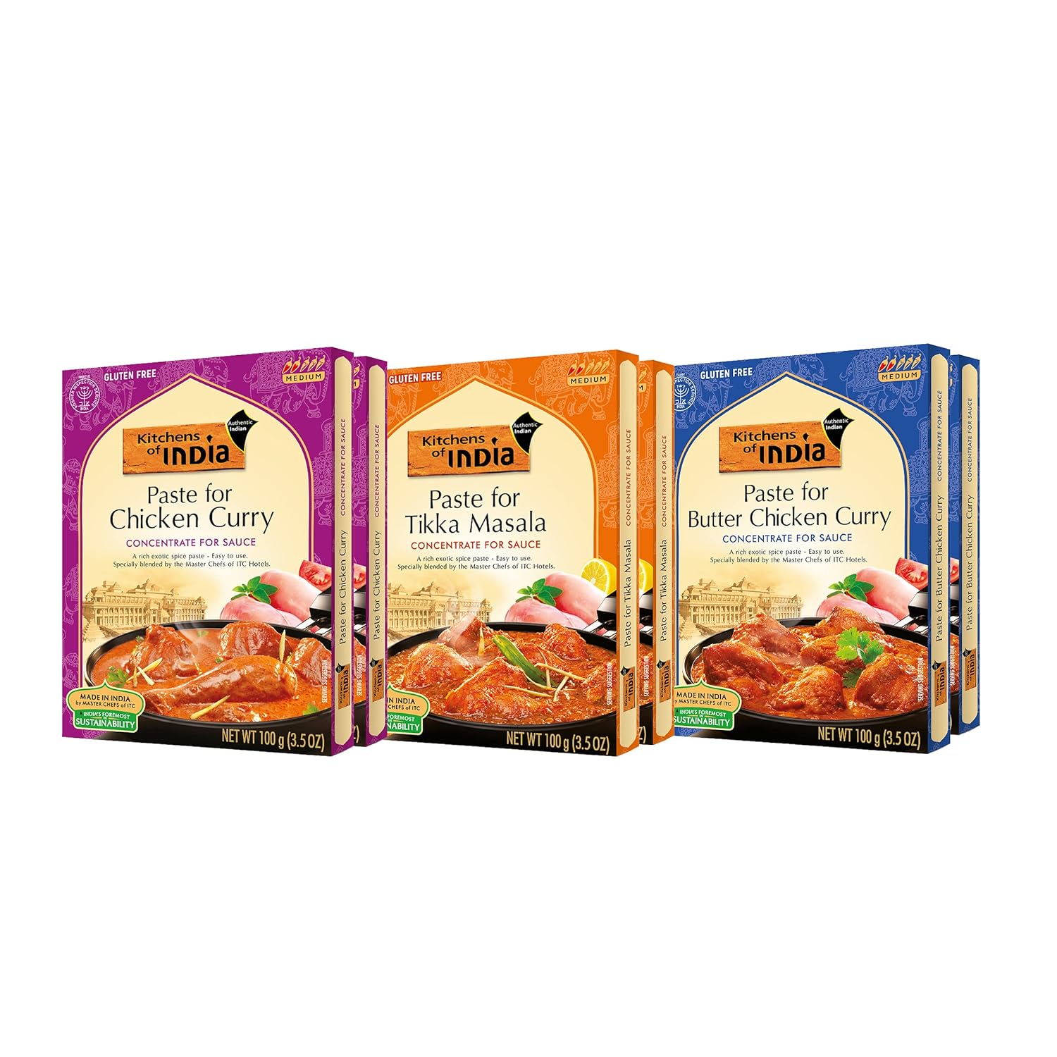 Kitchens of India Curry Paste Combo - Butter Chicken Curry, Tikka Masala & Chicken Curry, Gluten-Free, Easy-to-Use, Authentic Indian Food, 3.5 Ounces (Pack of 6)