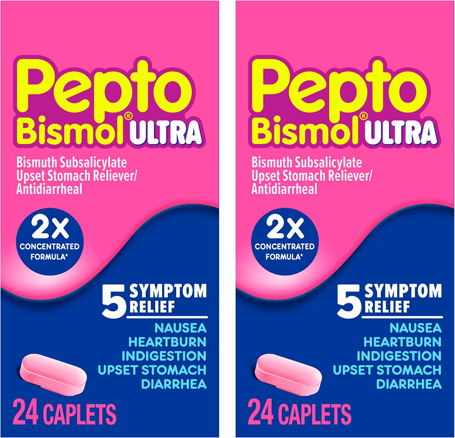 Pepto Bismol ULTRA Caplets, Upset Stomach Relief, Nausea Relief, Heartburn Relief, Indigestion Relief, Anti Diarrhea Medication for Adults - 5 Symptom Relief, 48 ct (2x24 ct)