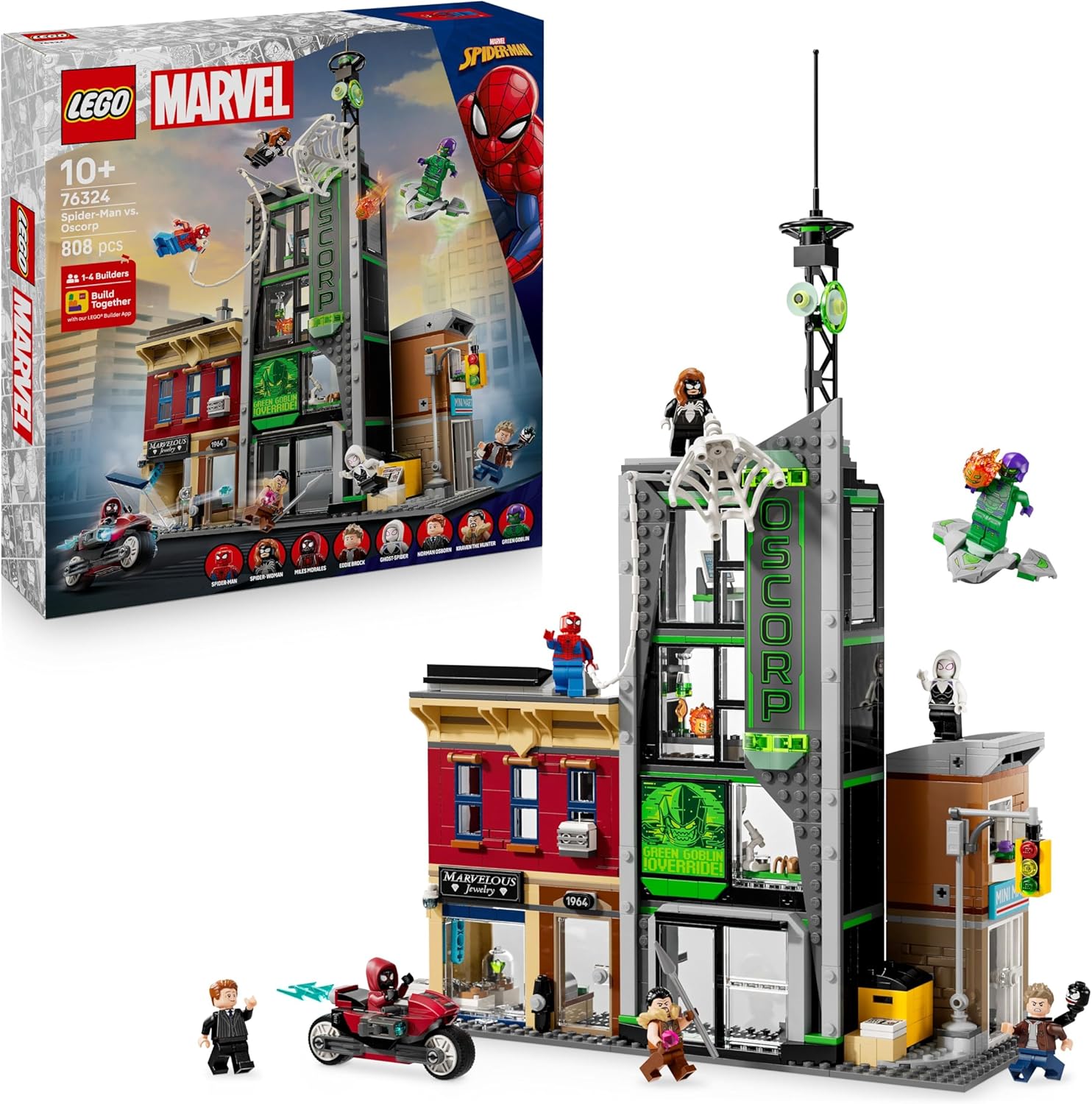 LEGO ǀ Marvel Spider-Man vs. Oscorp - Interactive Toy with a Motorbike, 8 Minifigures incl. Miles Morales & Green Goblin - Collectible Super Hero Gift for 10+ Year Old Boys & Fans - 76324