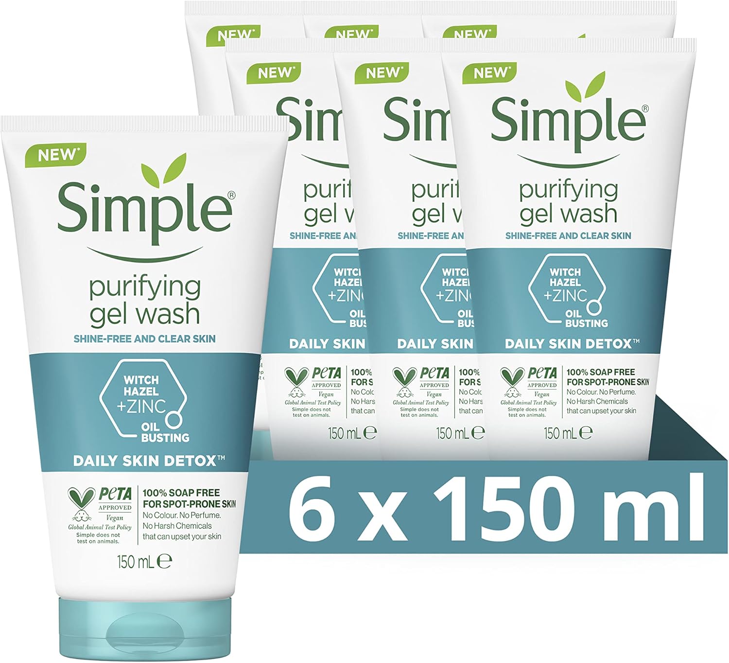 Simple Daily Skin Detox Purifying with thyme, zinc & witch hazel Facial Wash cleanser for oily, blemish-prone skin, 6 x 150 ml