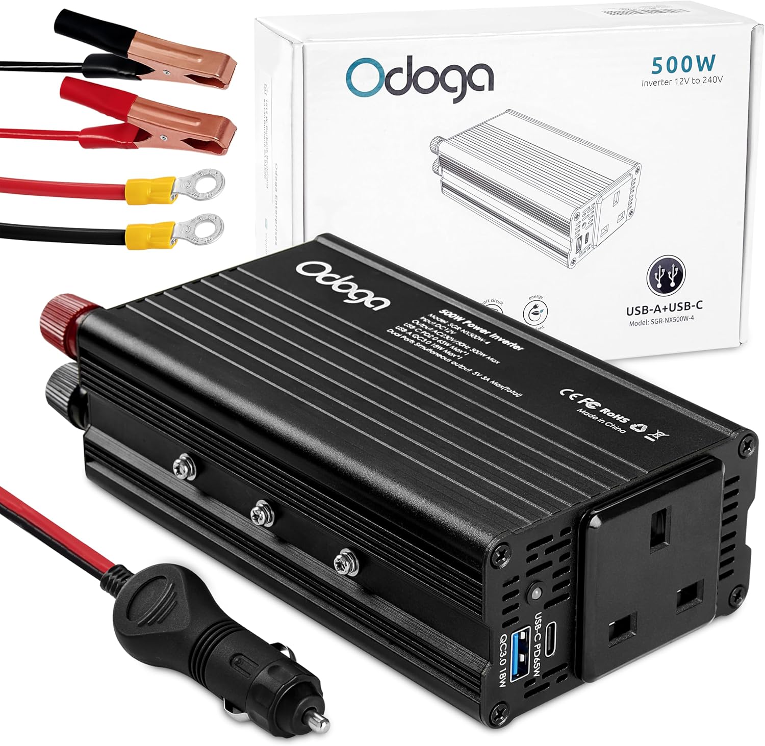 Odoga 500W Power Inverter 12V to 240V – Car Plug Adapter to UK Plug Socket, DC to AC Wall Outlet 3 Pin Plug, USB-A & USB-C Charger Ports for Laptop, Mobile Phones, Tablets, Consoles & More