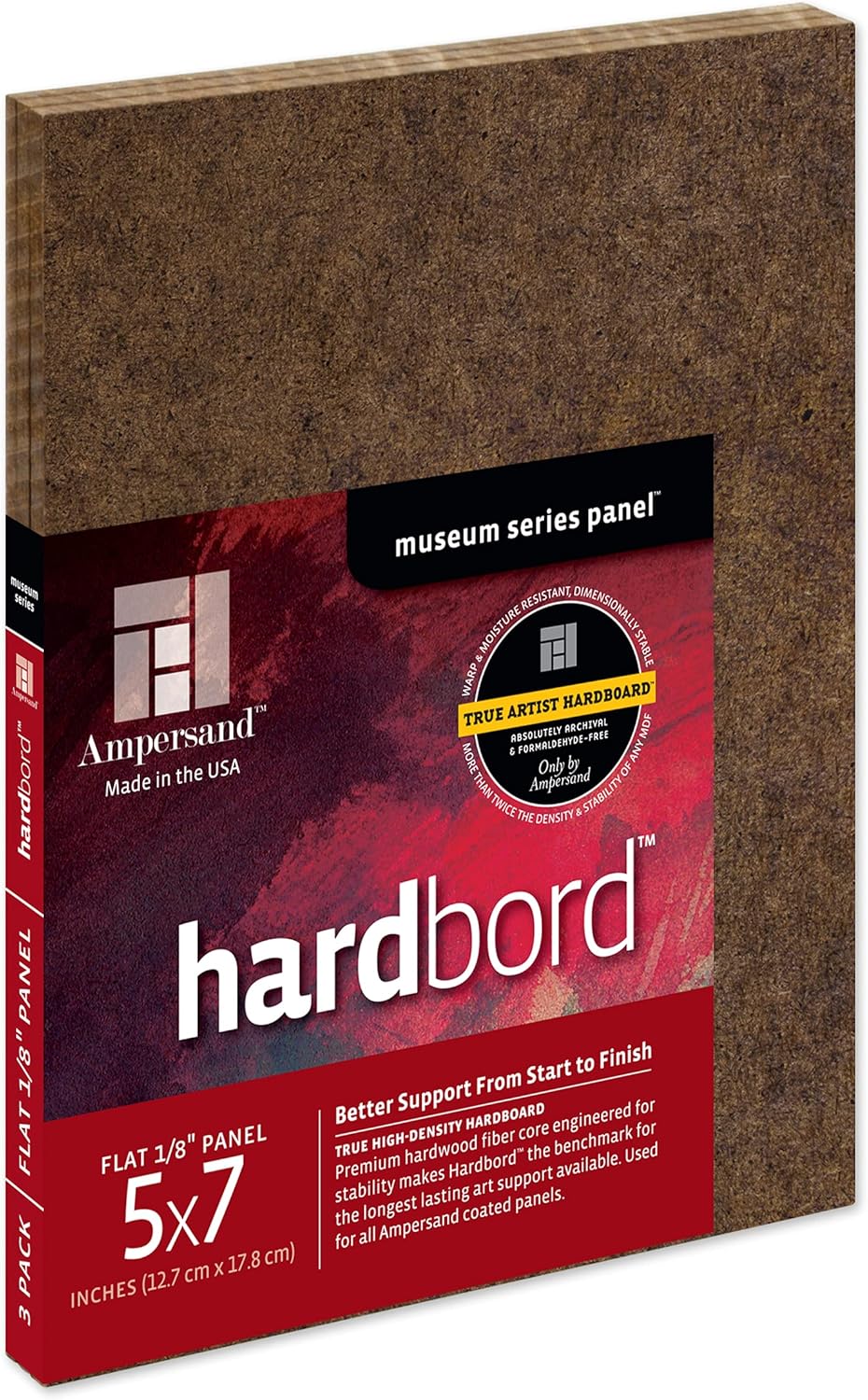Ampersand Art Supply Hardboard Wood Painting Panel: Museum Series Hardbord, 5" x 7" 3-Pack, 1/8 Inch Flat Profile