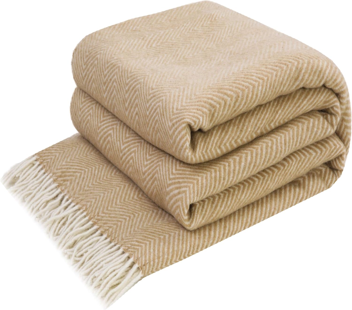 LYHome Merino Wool Blanket - Large Throw Bedspread for Sofa Bed, Single Double Size, Cosy Throws for Sofas & Beds, Soft and Warm Blankets Picnic Camping (55x79 in | 140x200 cm, Beige - White Chevron)