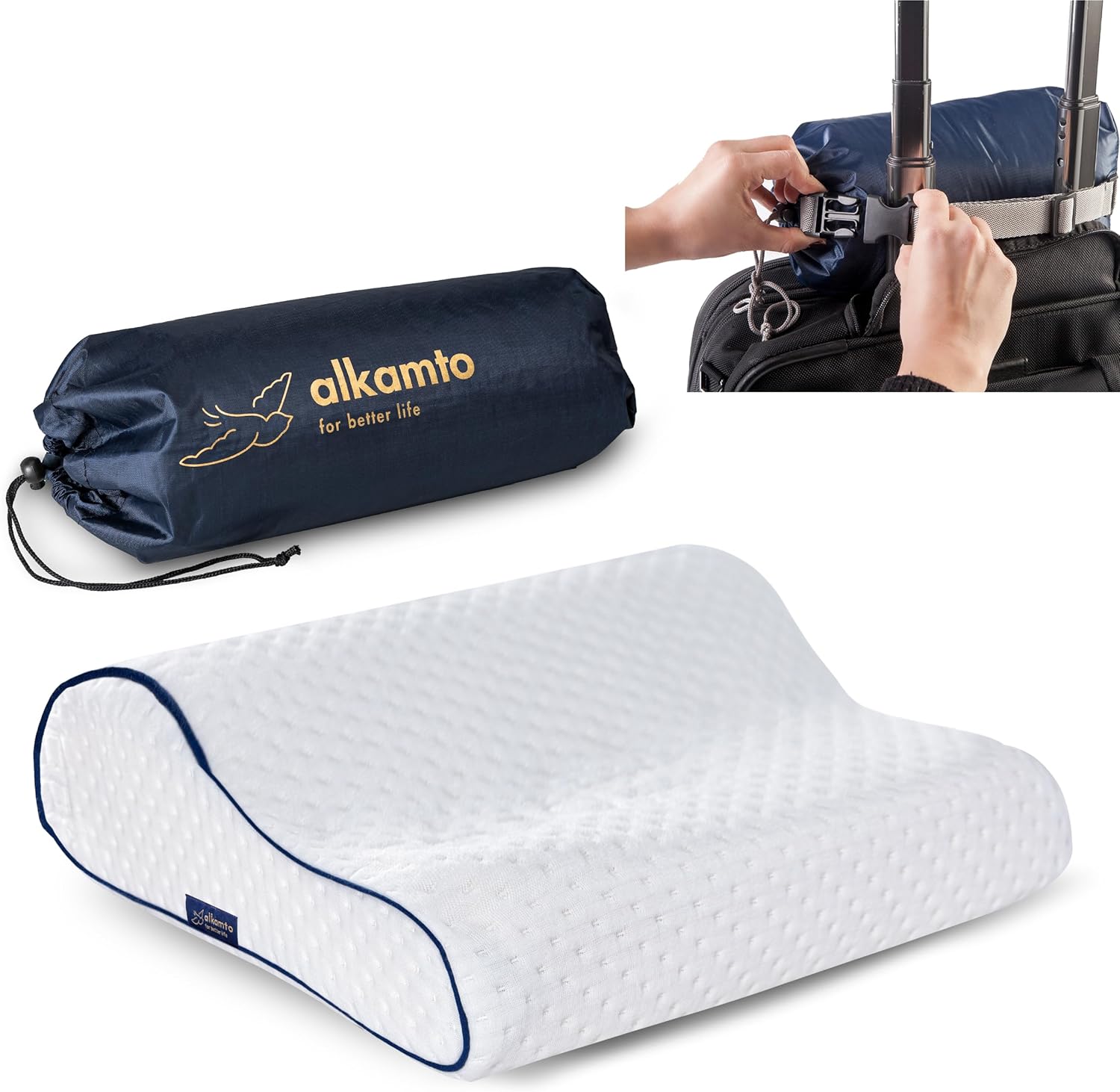 alkamto Travel Pillow - Ergonomic Neck Support Camping Memory Foam Pillow with Temperature-Regulating Pillowcase - Included Waterproof Travel Carry Bag