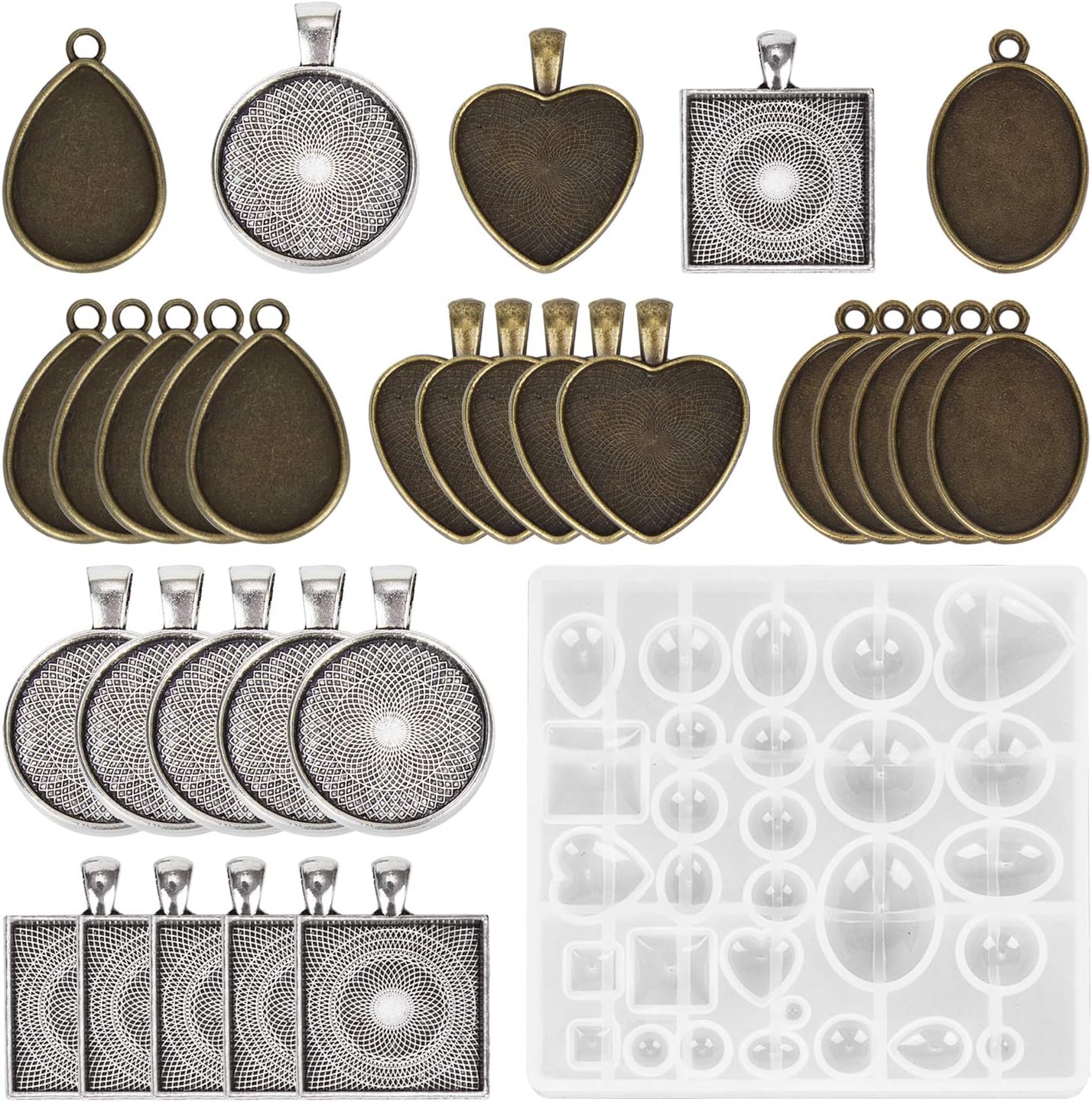 HOMEIDOL Resin Jewelry Molds Pendant Trays Making Kit with 30Pcs 5 styles Metal Pendant and 1 Pc Silicone Epoxy Jewelry Casting Molds for Pendant Crafting DIY Jewelry Gift Making