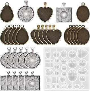 HOMEIDOL Resin Jewelry Molds Pendant Trays Making Kit with 30Pcs 5 styles Metal Pendant and 1 Pc Silicone Epoxy Jewelry Casting Molds for Pendant Crafting DIY Jewelry Gift Making