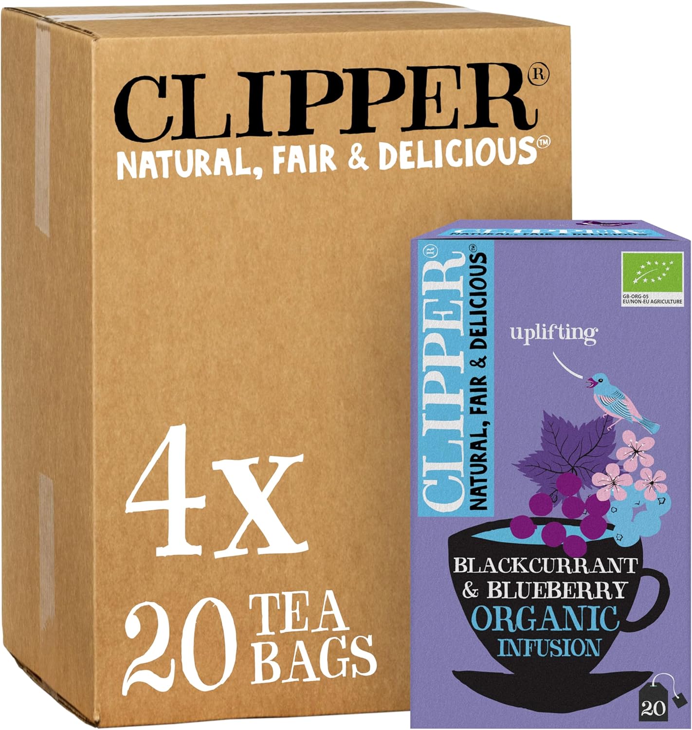 Clipper Organic Blackcurrant & Blueberry Infusion Fruit Teabags / 80 Infusions Tea Bags (4x Boxes of 20) / Caffeine-Free Herbal Tea/Natural, Unbleached, Plastic Free