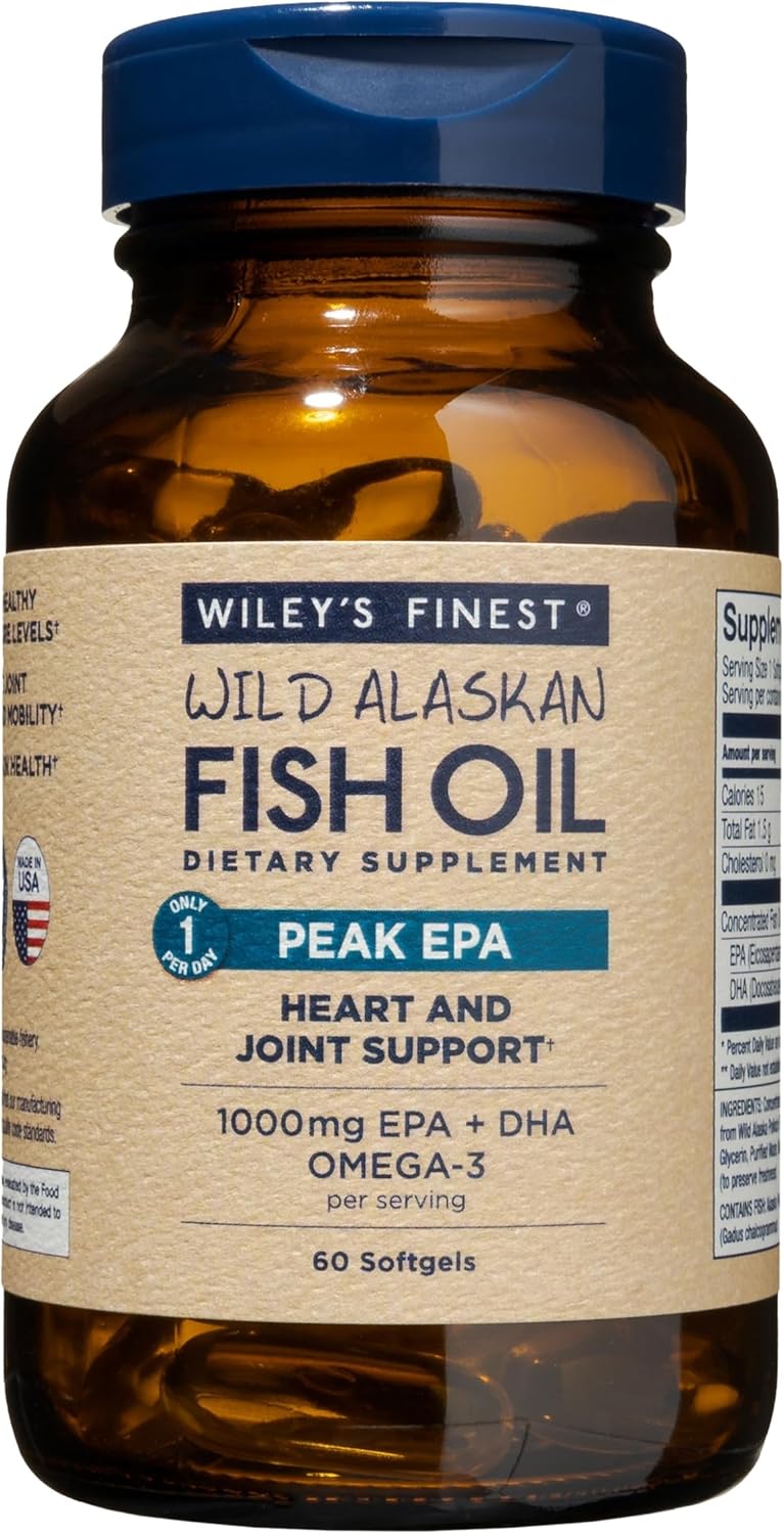 Wiley's Finest Wild Alaskan Fish Oil Peak EPA - Triple Strength Peak EPA & DHA Supplement - 1000mg Fish Oil - Omega-3s for Joint Health Support - 60 Softgels (60 Servings)