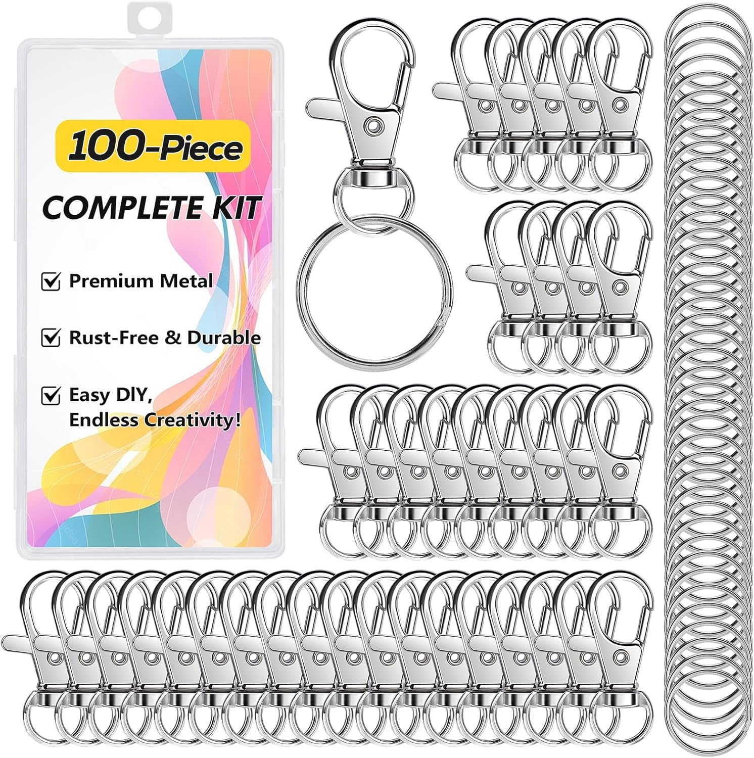 100PCS Keyring Making Kit – 50 Keychain Clips Hooks + 50 Key Rings for DIY Keyrings, Keychains, Jewelry, Lanyards, Swivel Lobster Clasp Set for Crafts, Silver Metal Key Ring Hoops