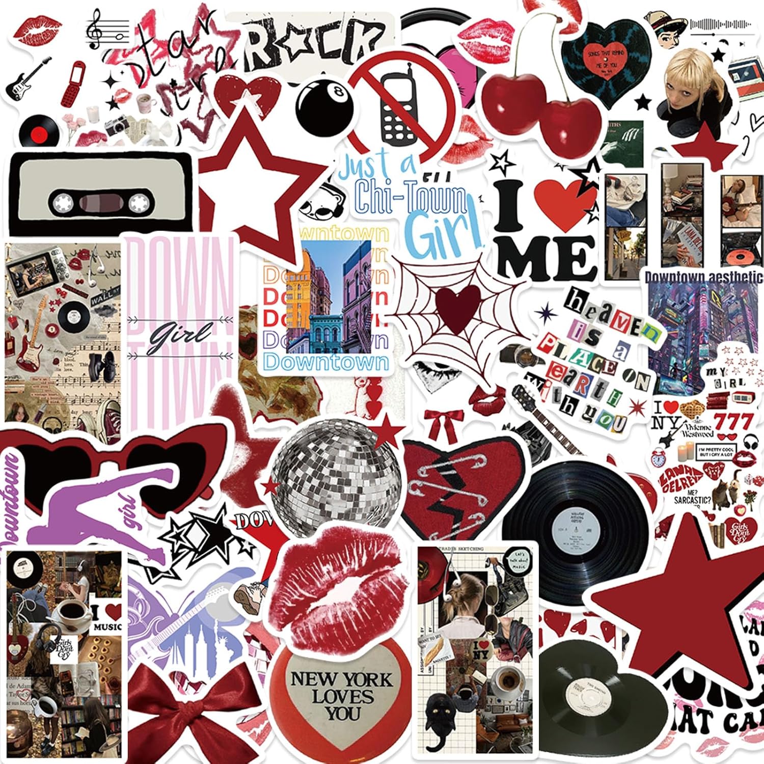 50Pcs Aesthetic Downtown Girls Stickers Pack Cool Trendy Y2K Stickers for Water Bottle Funny Waterproof Sticker for Teens Adults Vinyl Sticker for Laptop Skateboard Party Supplies(Downtown)