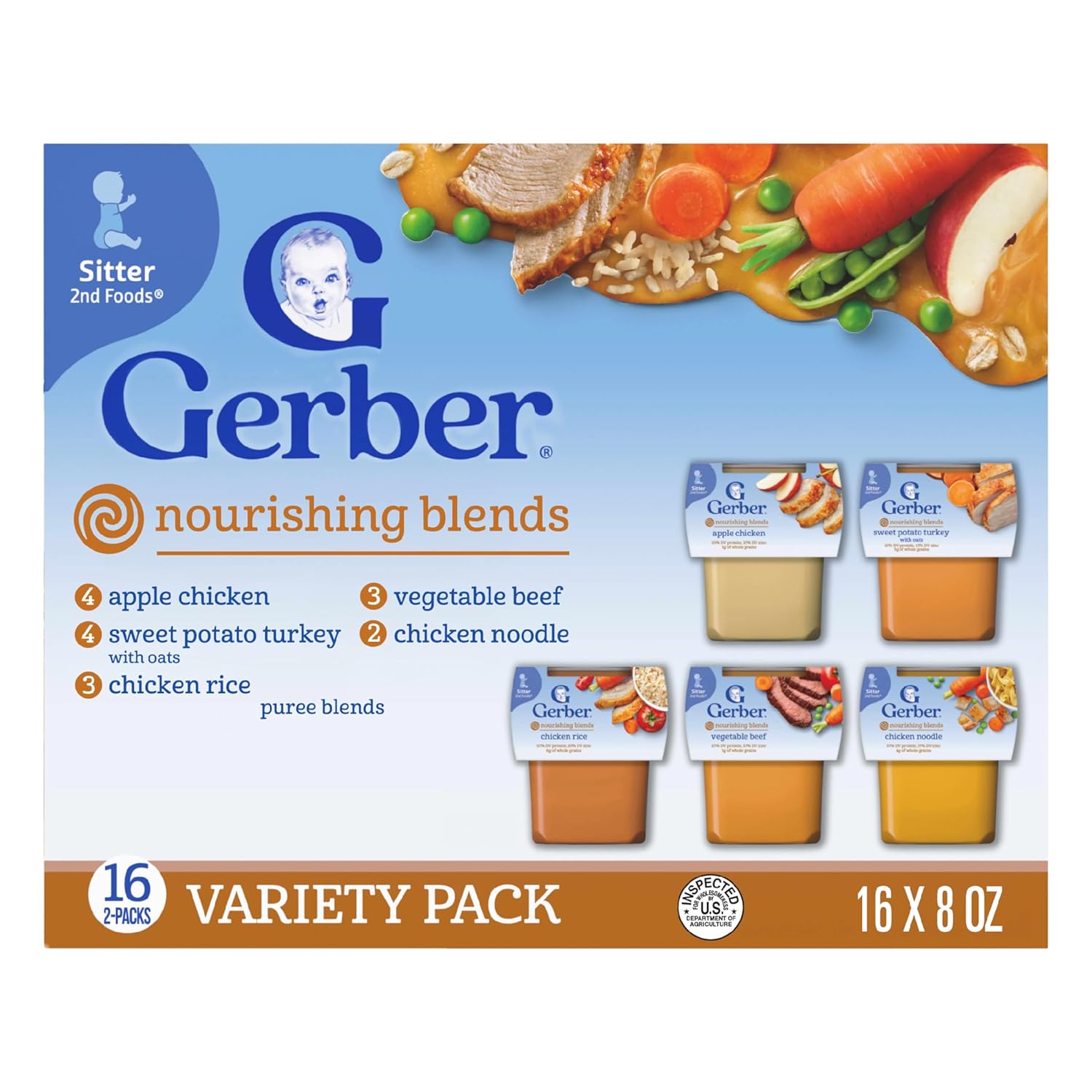 Gerber Stage 2 Baby Food, Nourishing Blends Tubs, Baby Puree, Variety Pack, 32PK