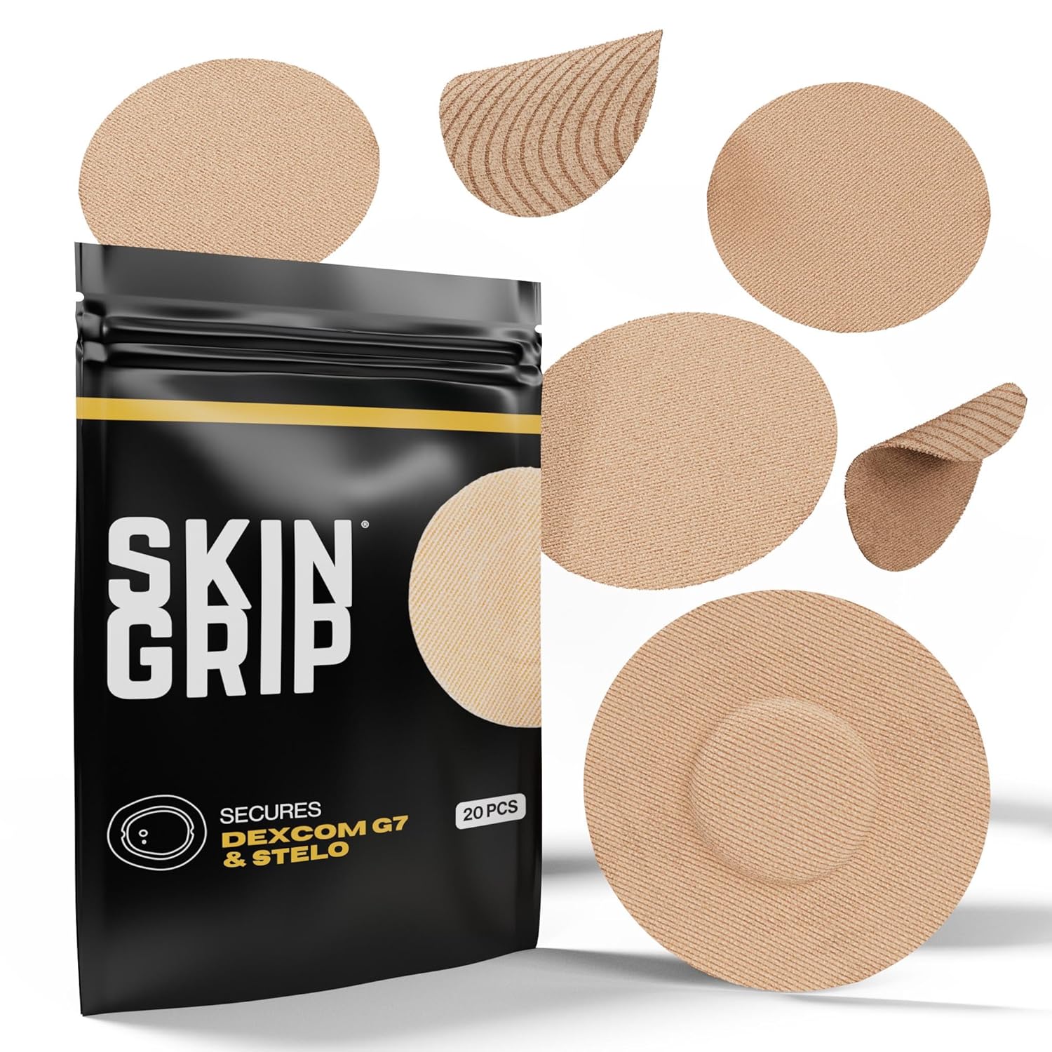 Skin Grip Adhesive Patches Compatible with Dexcom G7 & Stelo CGM – Waterproof & Sweatproof Cover for Continuous Glucose Monitor Sensor, Stays Secure for 10-15 Days – 20 Pack, Tan