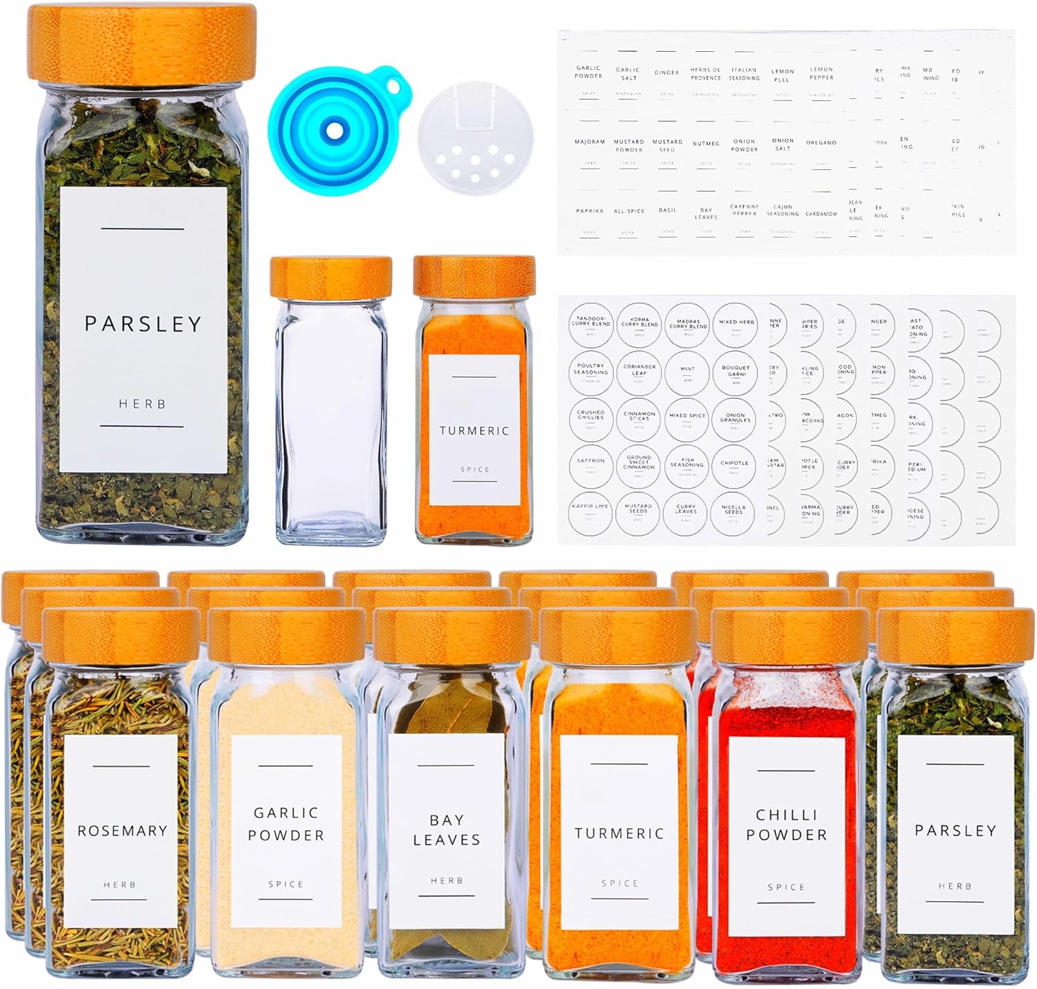 Fix Space 24PCS Bamboo Glass Spice Jars With Lids And Labels - Square Glass Jars With Bamboo Lids - Waterproof Labels Stickers For Herbs, Spices & Seasoning - Kitchen Storage & Organisation