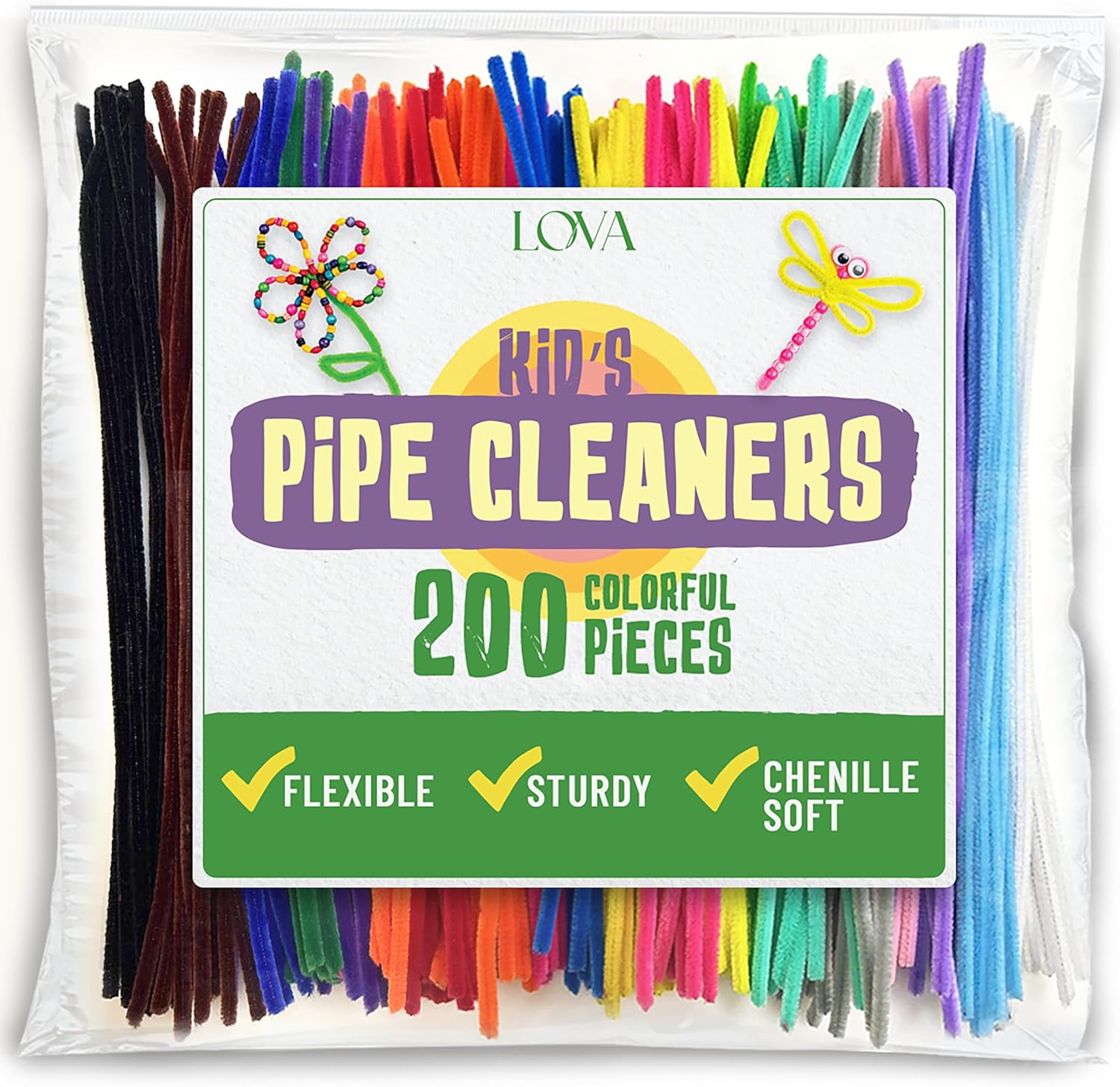 LOVA Pipe Cleaners for Crafts, 200 Count Multicolor 12 Inch Chenille Stems, Flexible Fuzzy Craft Sticks for DIY Projects, Classroom Activities, Decorations & Cleaning Narrow Gaps