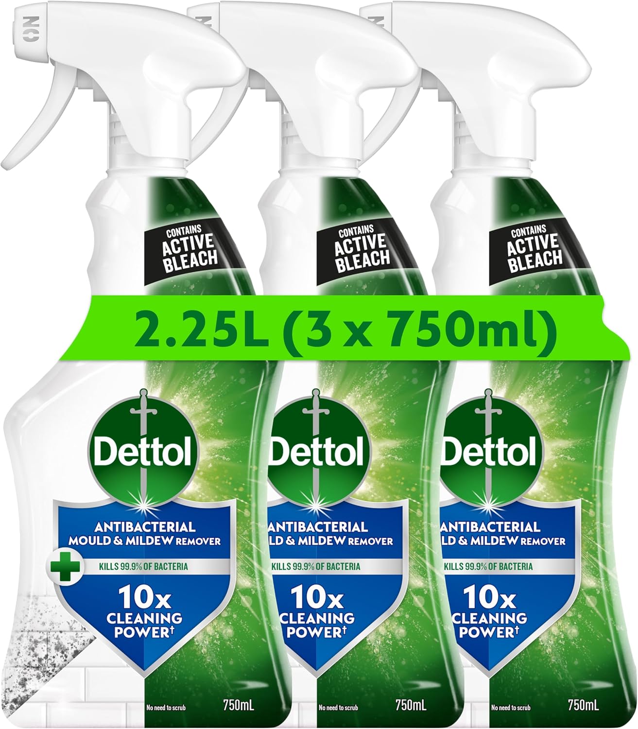 Dettol Mould & Mildew Remover Spray, Contains Bleach (3 x 750ml) 2.25L | Suitable in bathrooms & kitchens, Tough on mould, limescale & soap scum, No need to scrub, Kills 99.9% of bacteria