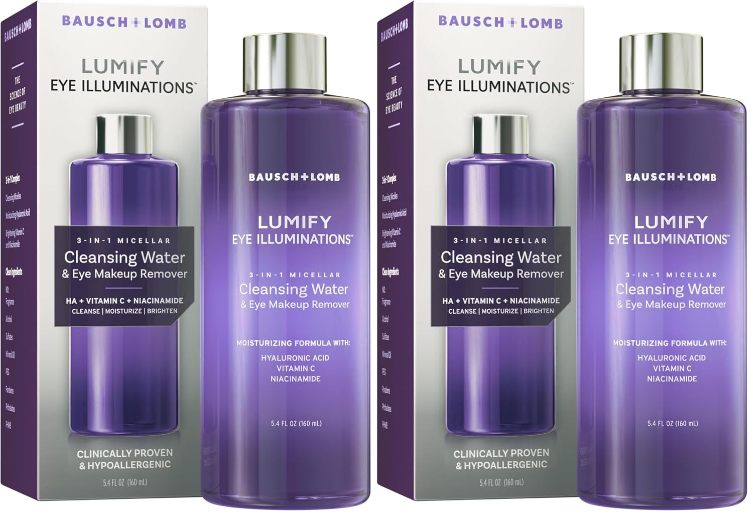LUMIFY Eye Illuminations Cleansing Water&Eye Makeup Remover,3-in-1 Micellar Water Contains Hyaluronic Acid,Vitamin C&Niacinamide,Hypoallergenic,Removes Waterproof Makeup,5.4 Oz (160 mL),(Pack of 2)