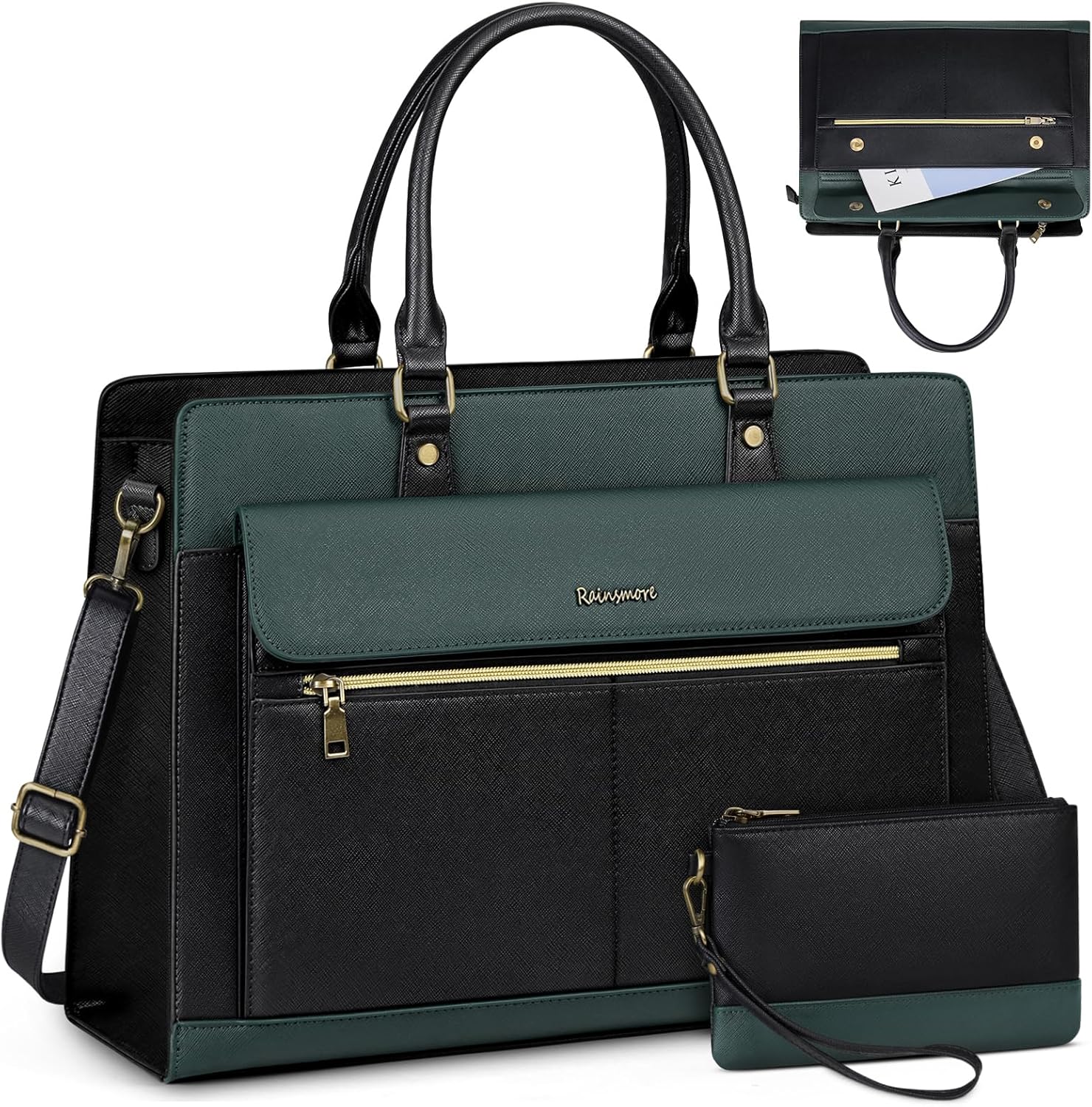 RAINSMORE Laptop Bags Handbags for Women 15.6 Inch PU Leather Large Tote Bag Work Bag with Clutch Bag Designer Women's Bags Ladies Laptop Handbag for School Green