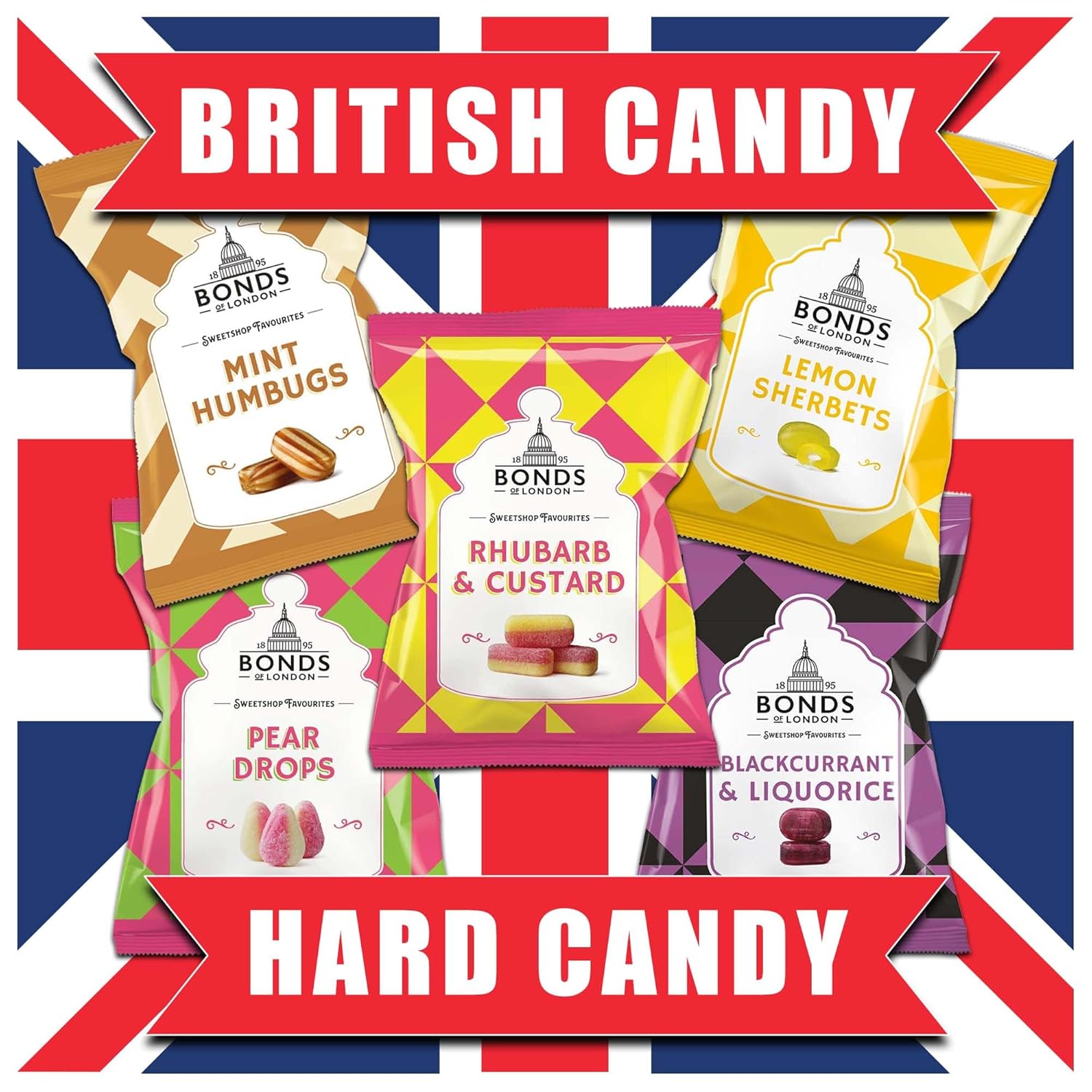 Bonds of London 5 Hard Candy Gift box British Candy Old fashioned Candy Old school English candy Assortment Retro Candy flavors Rhubarb and Custard Candy Mint Humbugs Lemon Sherbet Pear Drops blackcurrant and Liquorice 5 x 120 bags UK Candy Inc Fun Fact Sheet