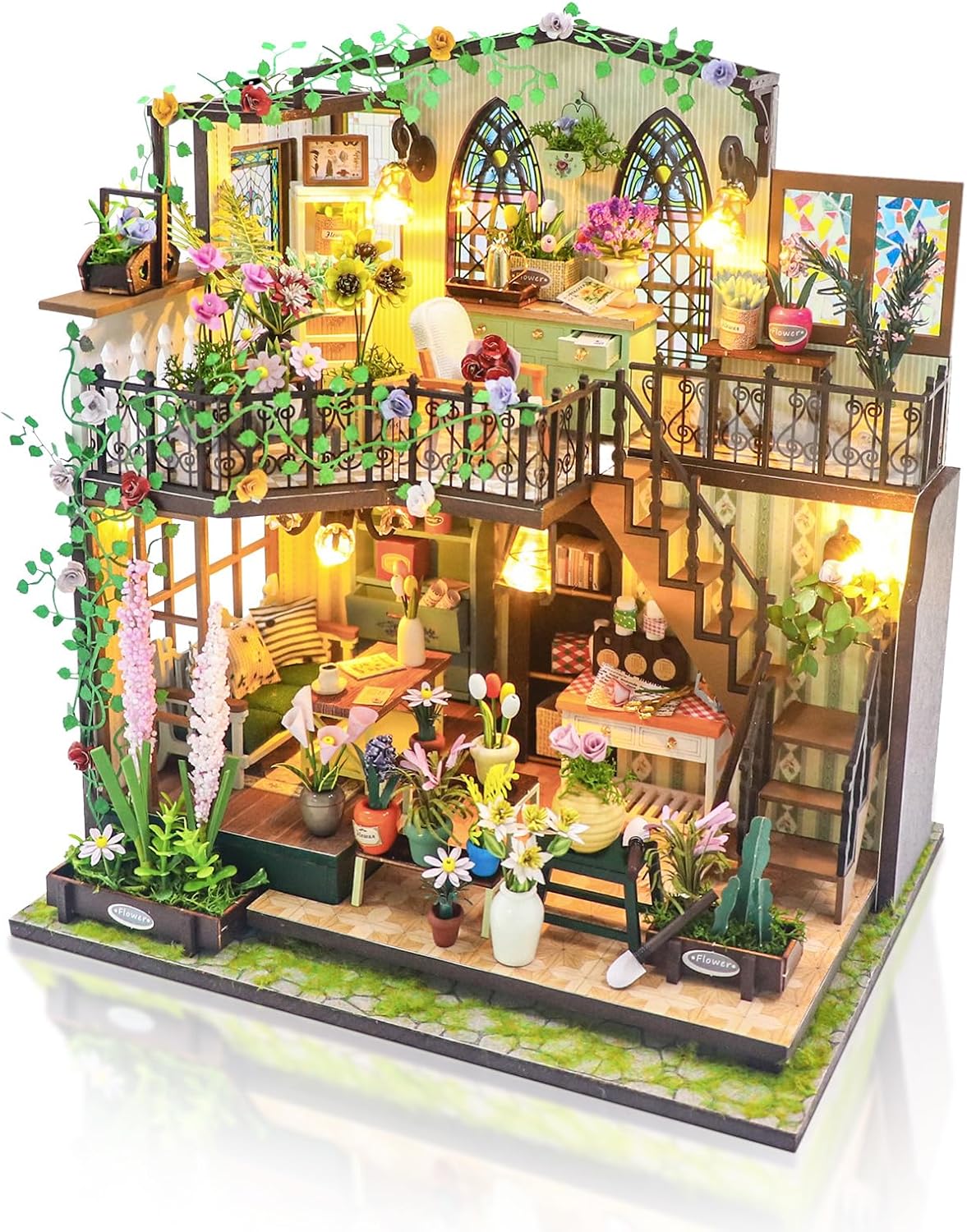 Cuteefun DIY Miniature House Kits with LED, Wooden Dollhouse for Adults to Build, Great Handmade Crafts Gift Idea for Birthday Christmas (Flower house)