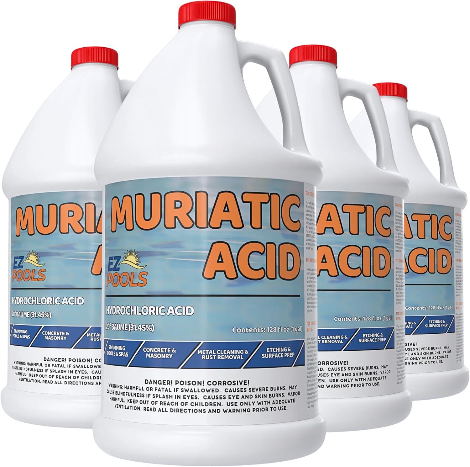 Muriatic Acid for Swimming Pools & Spas – Pack of 4 Gallons, Lowers pH, Muriatic Acid for Pools (HCL), pH Reducer for Water Balancing
