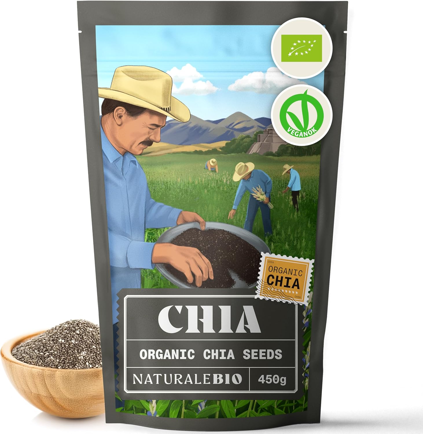NaturaleBio Chia Seeds 450g. Organic Chia Seeds for Weight Loss and Digestive Health. Rich in Omega-3s, Antioxidants and Essential Minerals. Supports Heart, Bone and Muscle Strength.