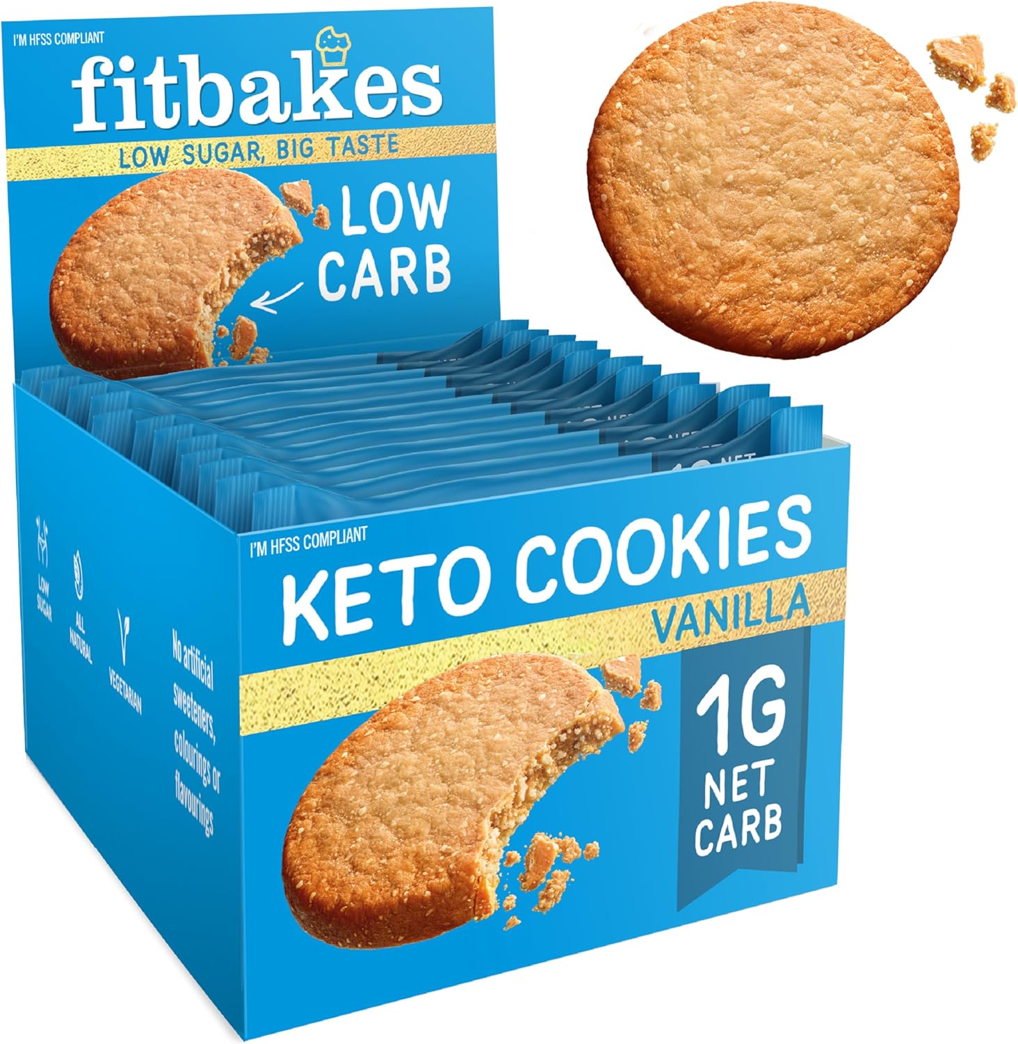 Fit bakes Keto Cookies, 1g Net Carb, 12 x 30g Vanilla Low Carb Biscuits Keto Snacks Diabetic Biscuits, Low Sugar Food Diabetic Sweets & Cakes, 1g Sugar Per Cookie, Baked with Almond Flour, FitBakes