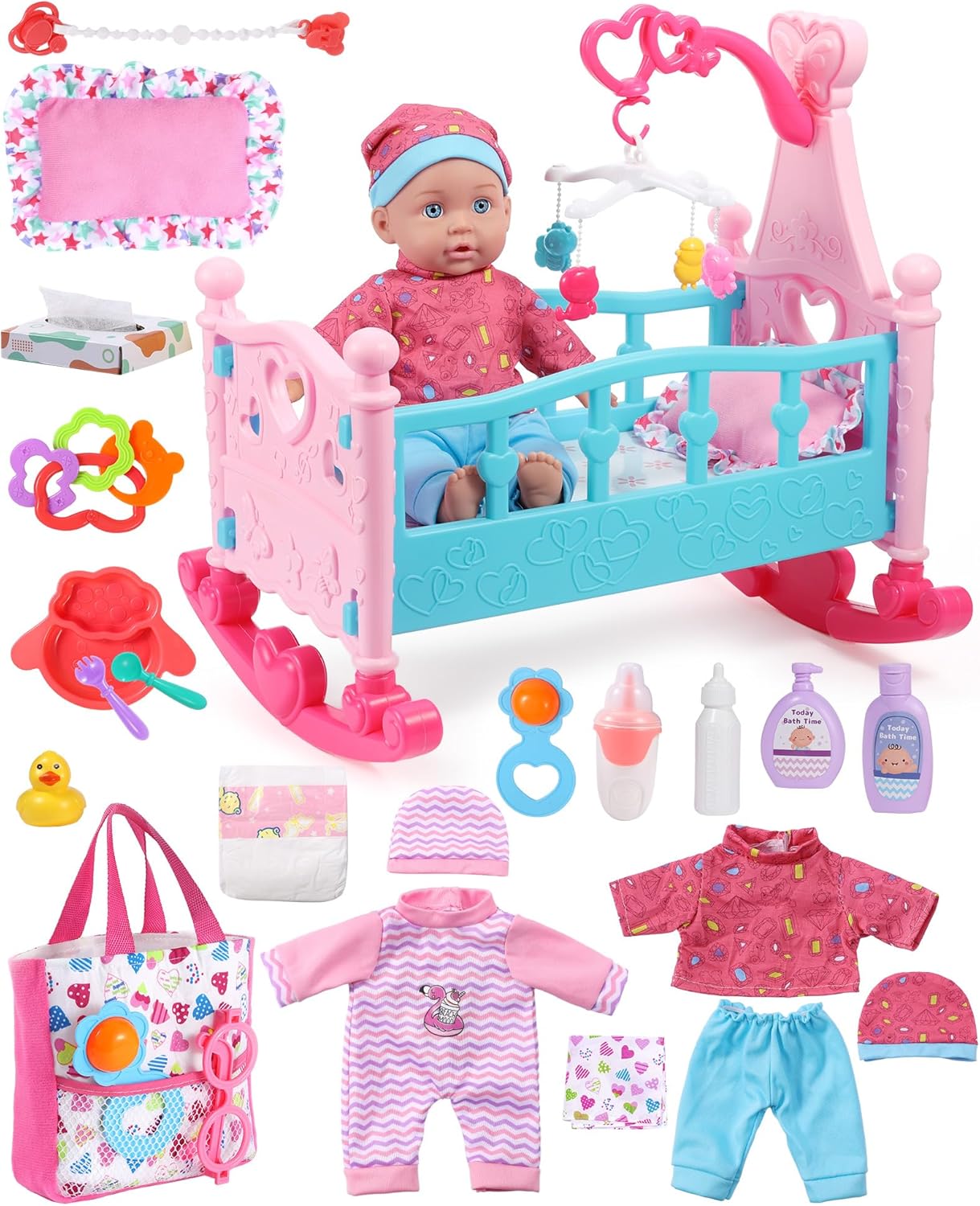 GAGAKU 12 Inch Baby Doll Playset with Dolls Crib Bed & Accessories for Toddlers 1-3, Toy for Kids Girls Ages 3-6 Years Old