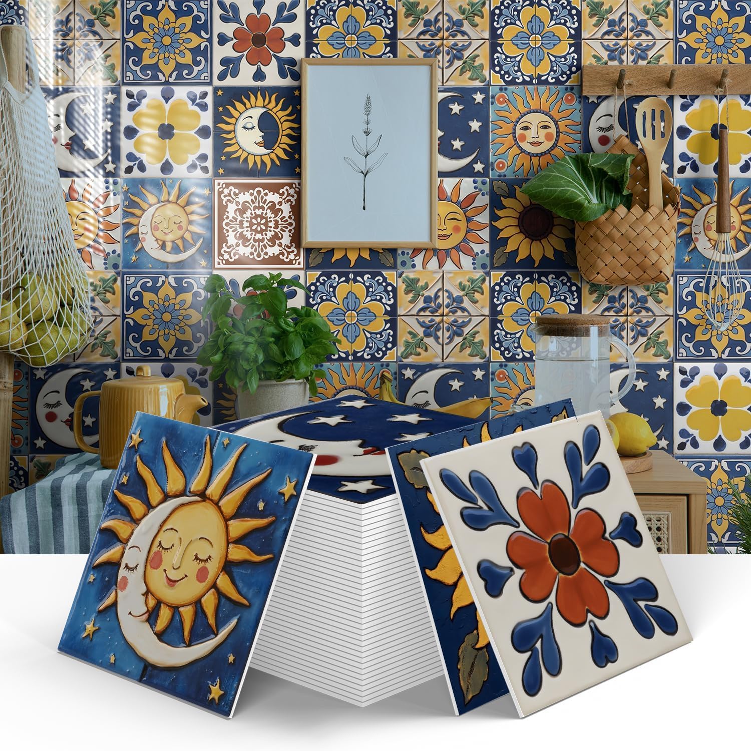 12pcs Moroccan Tile Stickers, Thicker Kitchen Bathroom Wall Tile Stickers Peel and Stick on Tile for Fireplace Surround Self Adhesive Vinyl Waterproof Mosaic Art (15cm x 15cm, 6x6 inches)