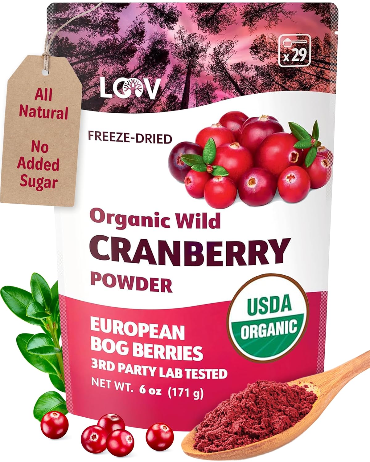 Organic Freeze-Dried Cranberry Powder – Pure, 100% Natural Wild Whole Fruit, Certified Organic from Nordic Forests – Non-GMO, No Added Sugar – 6oz (35 Servings)
