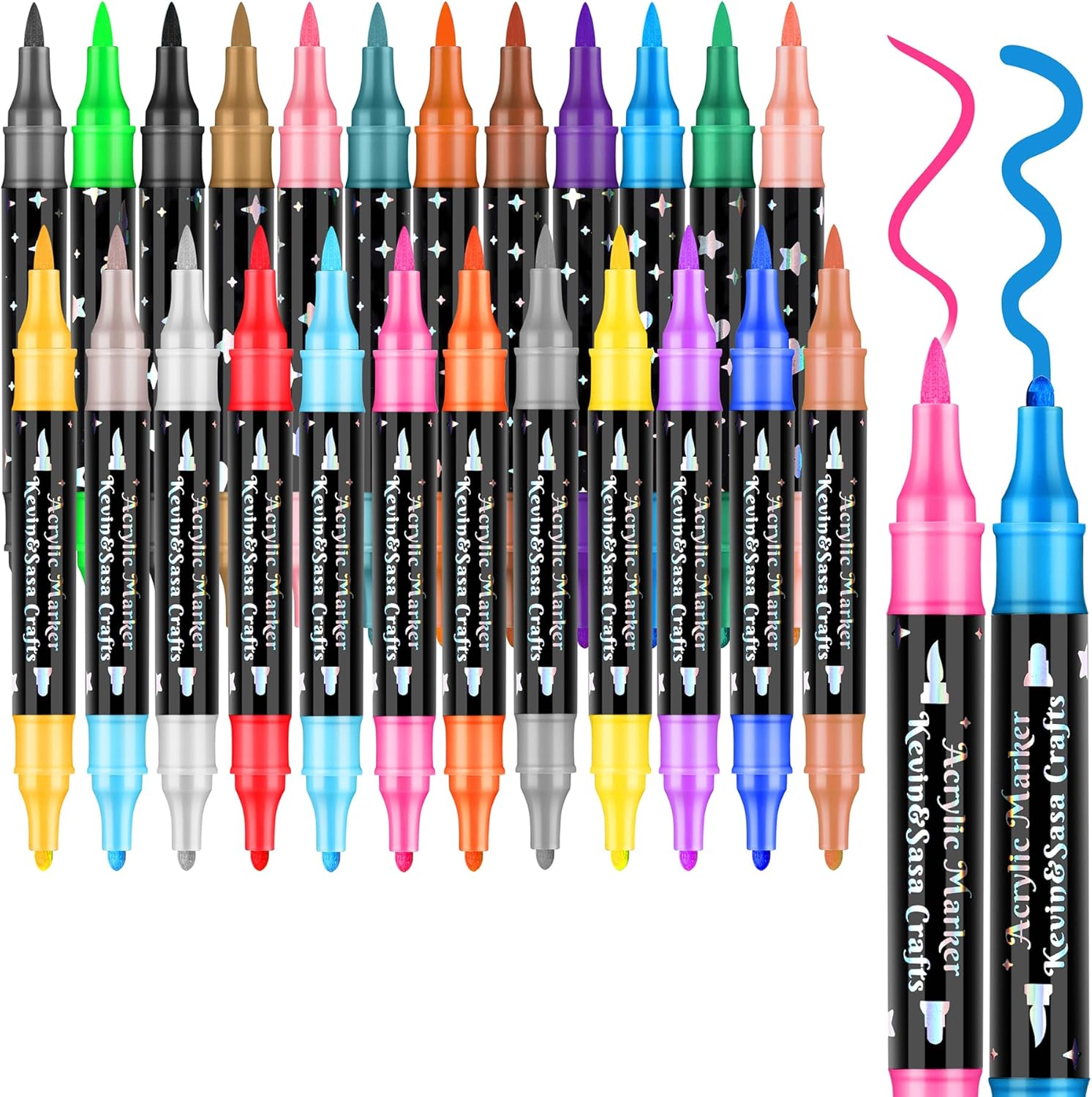 24 Colors Dual Tip Acrylic Paint Marker Pens Set, Multifunctional Acrylic Tips with Laser Pen Body, Professional Acrylic Paint Pens for Wood, Canvas, Rock Painting, Glass, DIY Crafts Art Supplies