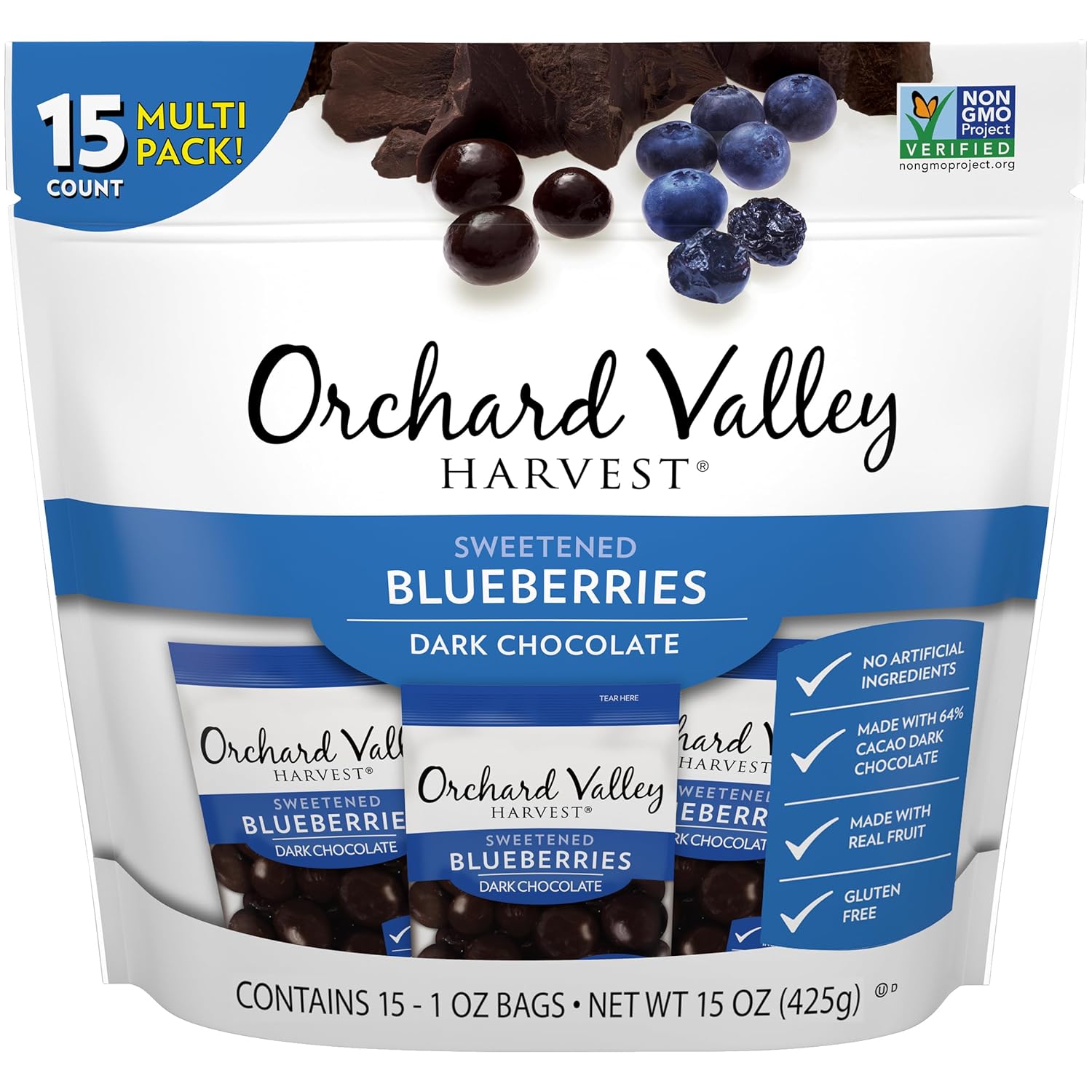 Orchard Valley Harvest Dark Chocolate Covered Blueberries, 1 Ounce(Pack of 15), Gluten Free, Non-GMO, No Artificial Ingredients
