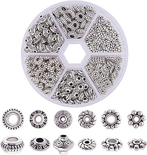 PH PandaHall 300pcs 6 Style Antique Silver Spacer Beads, Tibetan Metal Alloy Tube Spacers Flower Flat Rondelle Small Loose Beads for Bracelet Necklace Earring Jewelry Making Supplies