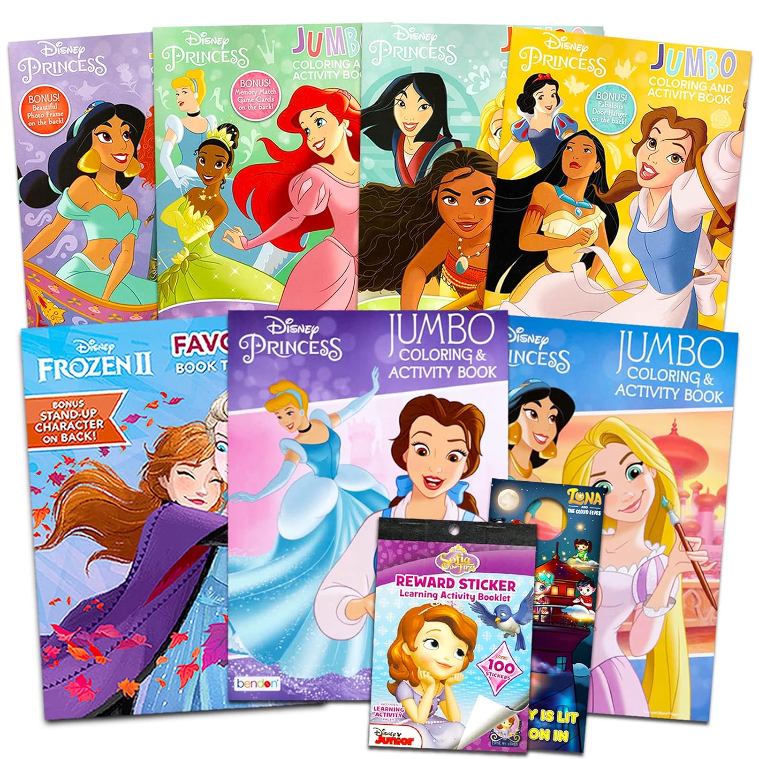 Disney Princess Coloring Book Set - Bundle of 7 Jumbo Activity Books, Stickers, Games, More | Featuring Cinderella, Elsa, Anna, Rapunzel, Moana, More