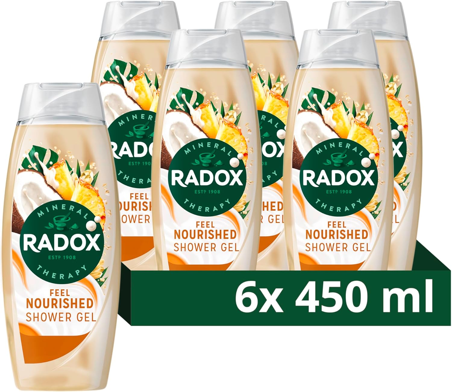 Radox Mineral Therapy Feel Nourished Shower Cream Body Wash uniquely blended with minerals, herbs and a coconut & pineapple scent for a mood-boosting experience 6x 450 ml
