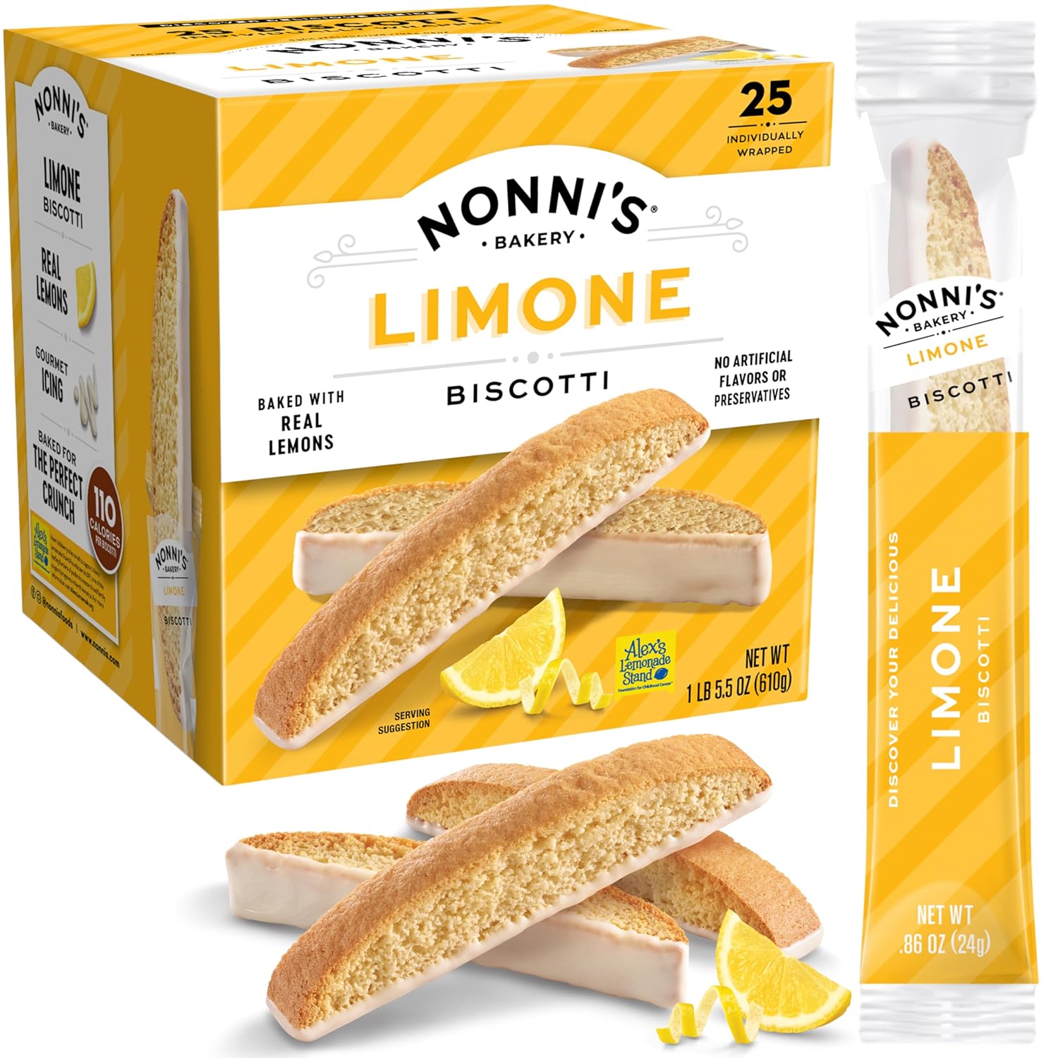 Nonni's Limone Lemon-Iced Biscotti Cookies – Individually Wrapped Italian Tea-Time Snack, Crunchy Twice-Baked, 110 Cal Each, 21.5 oz Carton
