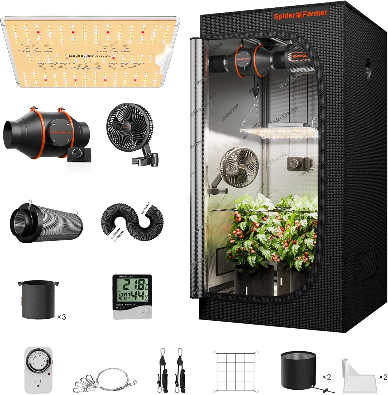 Spider Farmer SF1000D Grow Tent Kit - 2x2x5ft, Samsung Diodes, 1680D Canvas, 4" 205CFM Fan, Carbon Filter