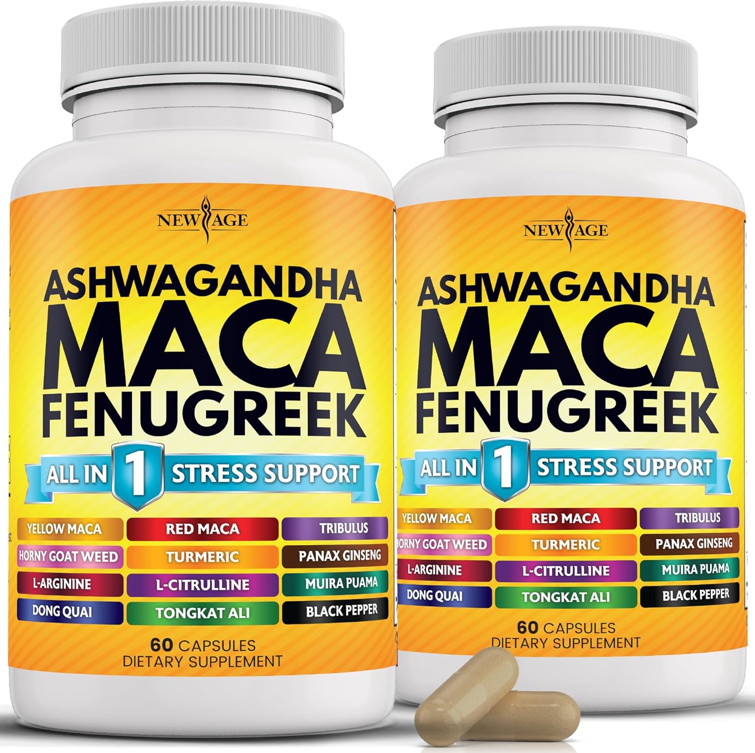 NEW AGE Ashwagandha Maca Root Fenugreek Supplement with Tongkat Ali Ginseng - Assists with Overall Health - Made in USA - 120 Count