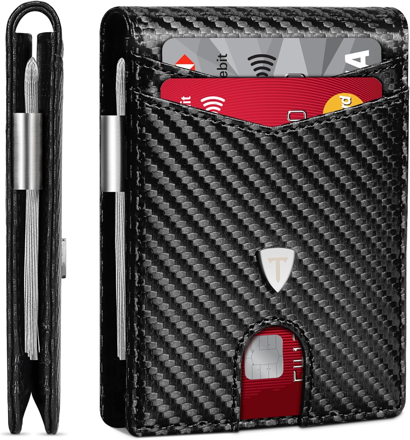 TEEHON Mens Wallets Slim RFID Blocking Carbon Fiber Leather Wallets Mens with up to 12 Credit Card Holder, Strong Money Clip & ID Window Minimalist Bi-Fold Wallets for Men UK with Gift Box - Black