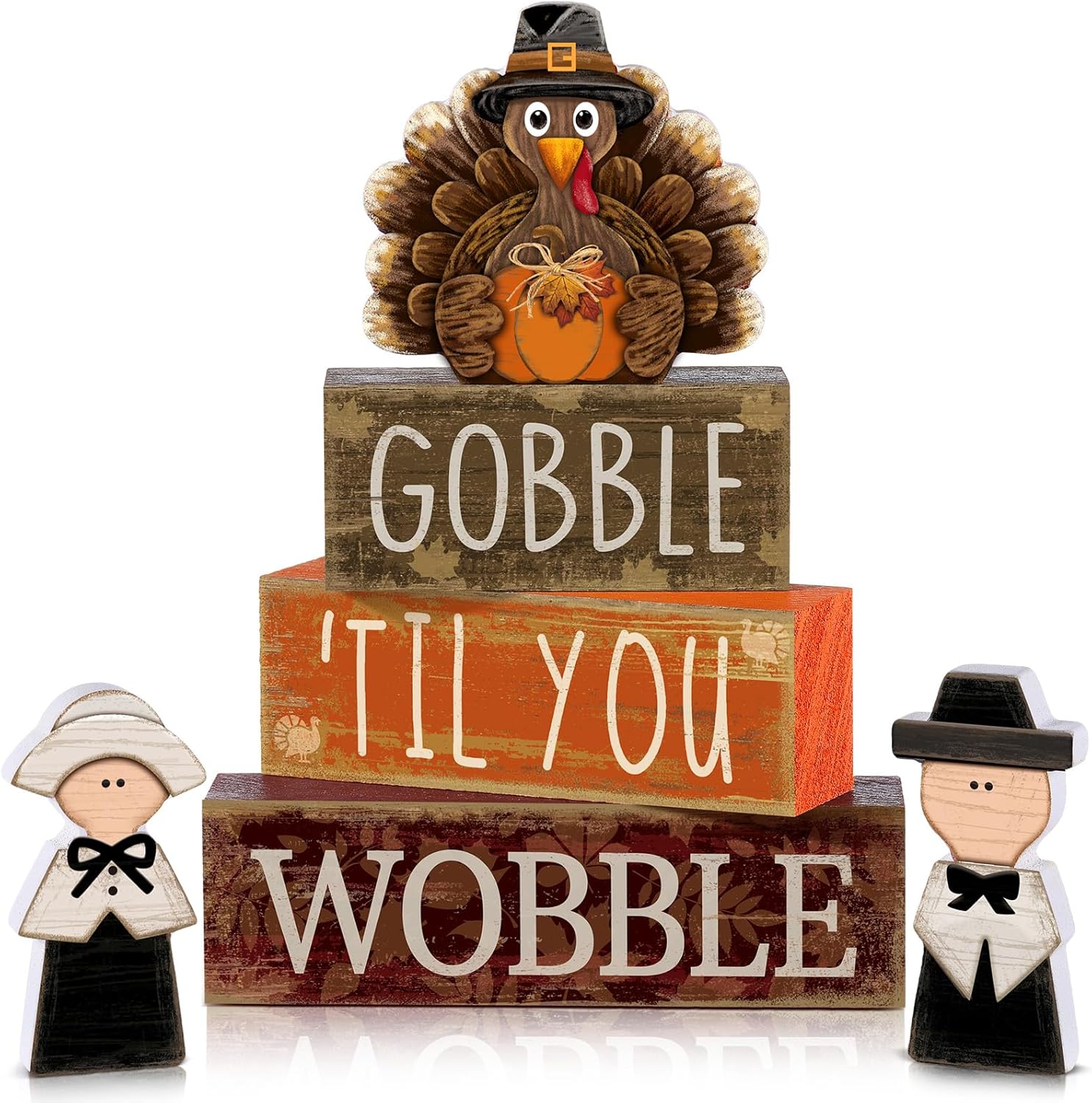 6 Pcs Thanksgiving Table Decor Wooden Turkey Pilgrim Couple Decor Thanksgiving Centerpieces for Table Rustic Turkey Pilgrim Block Sign Farmhouse Thanks Giving Decoration for Home Kitchen